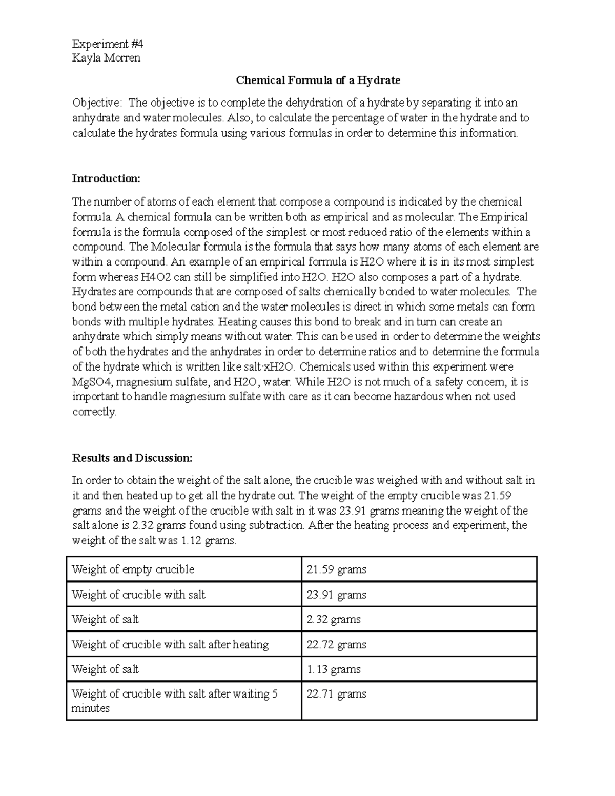 Sample lab report - Experiment # Kayla Morren Chemical Formula of a ...