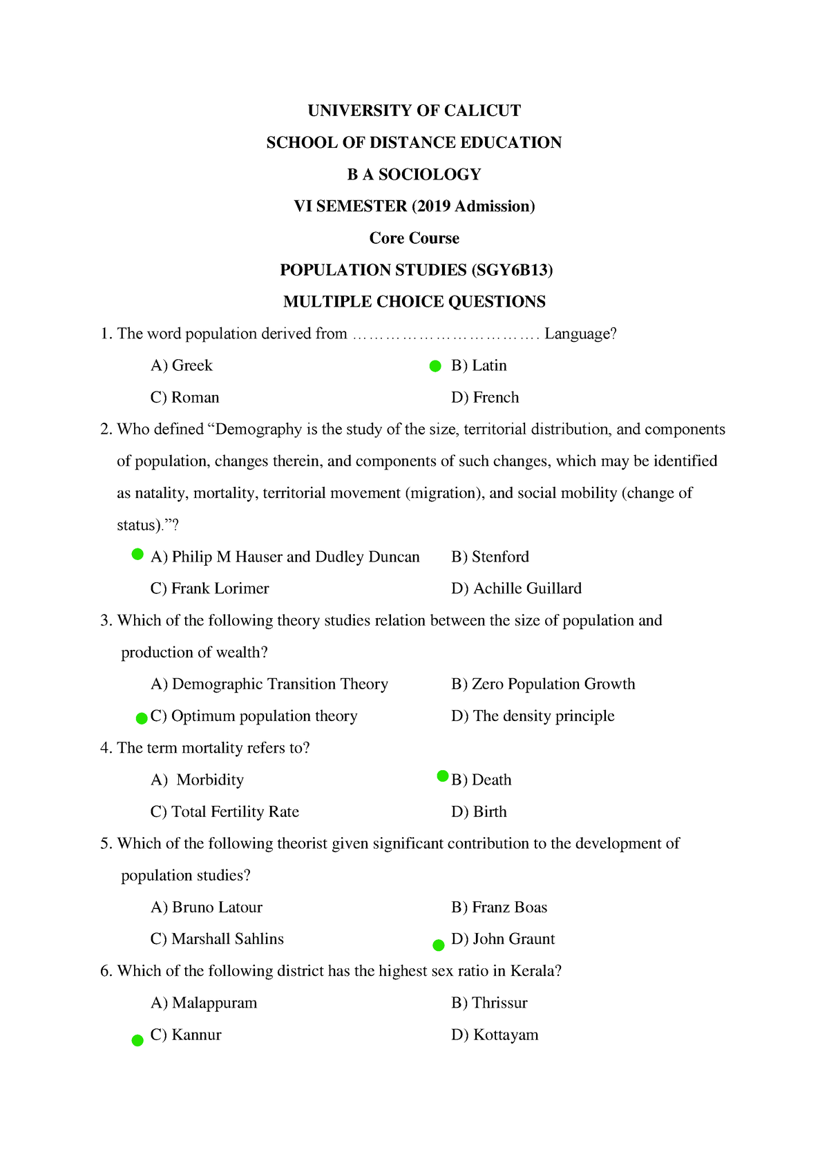 Full Marked 6th Sem MCQ-Socio-Population Studies (1) - UNIVERSITY OF ...