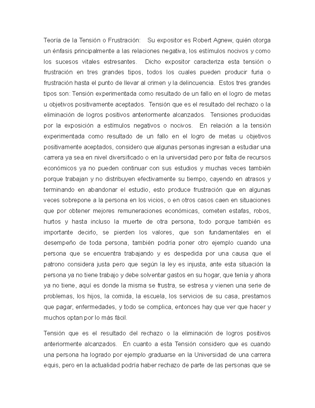 Ensayo Teoría de la Tensión o Frustración y como influyen en el