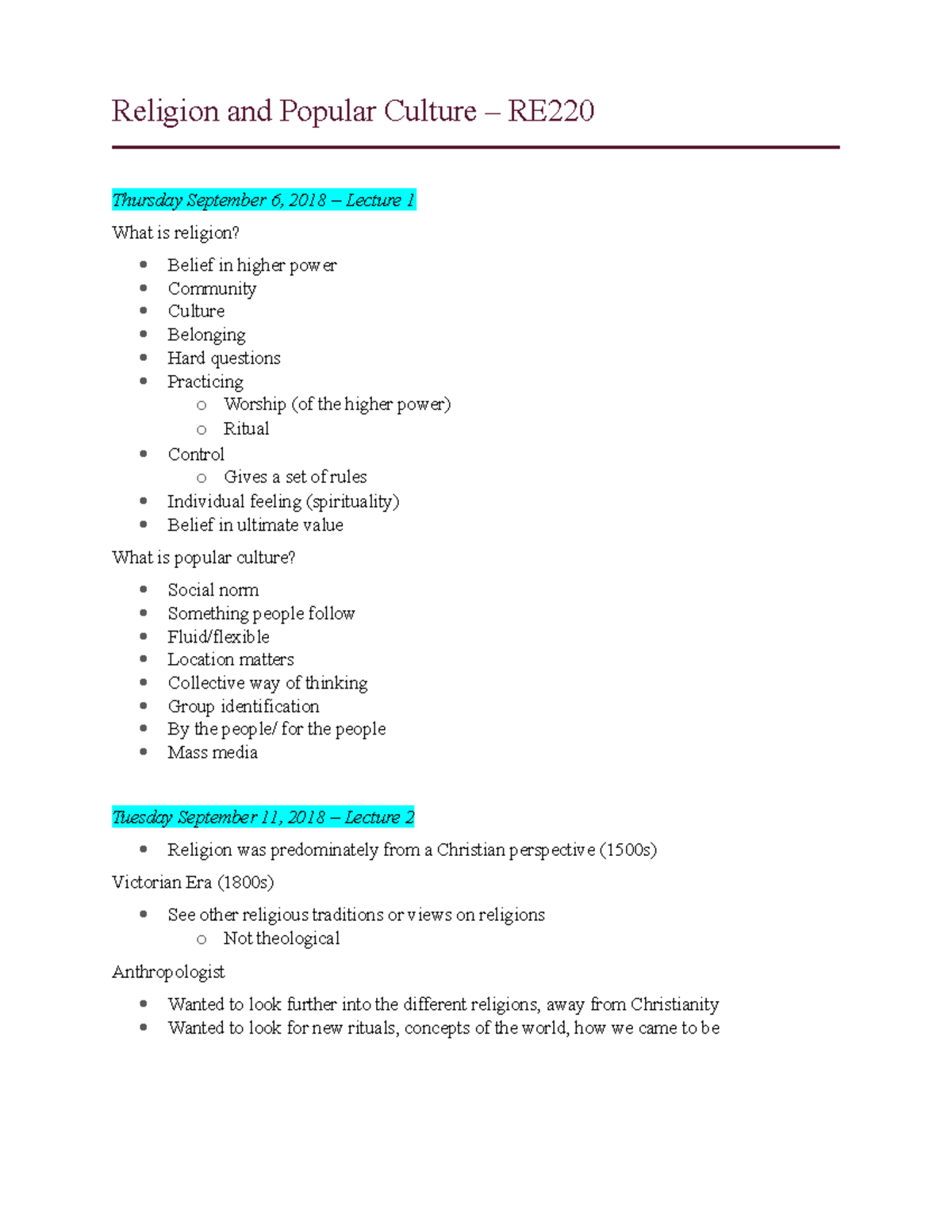 Lecture notes Religion and Popular Culture RE Thursday September 6