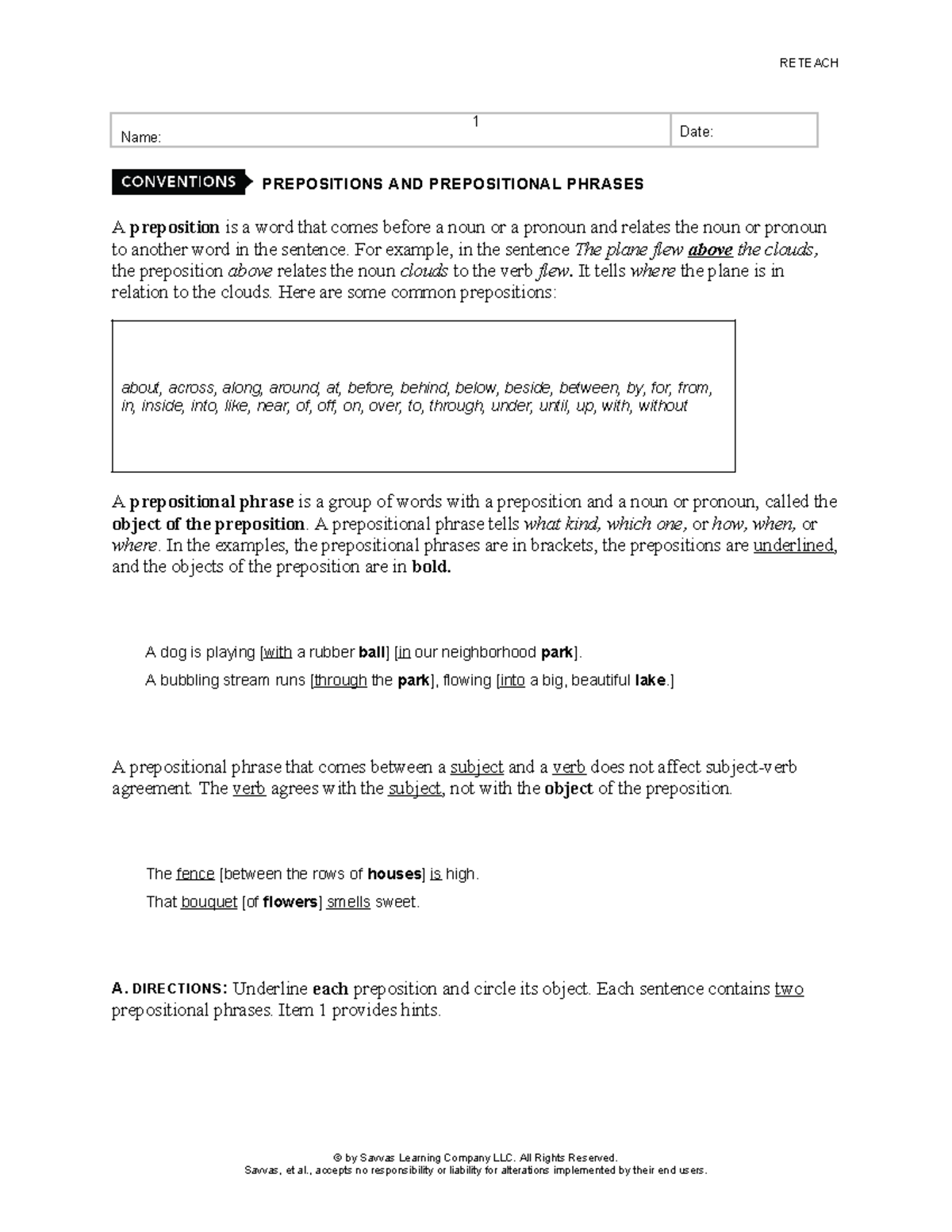 MYP2209 RP G06 U3A Lorre CONV ewd - RETEACH Name: Date: PREPOSITIONS ...