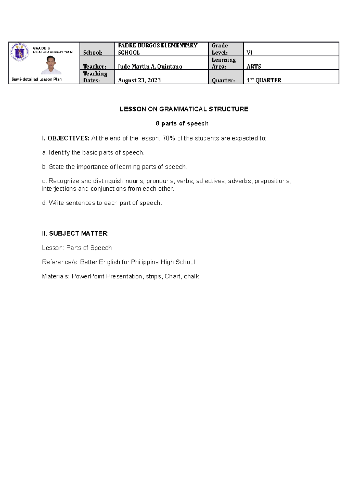 Quintano, Jude Martin A. (8 Parts Of Speech Dlp) - Grade 6 Detailed 