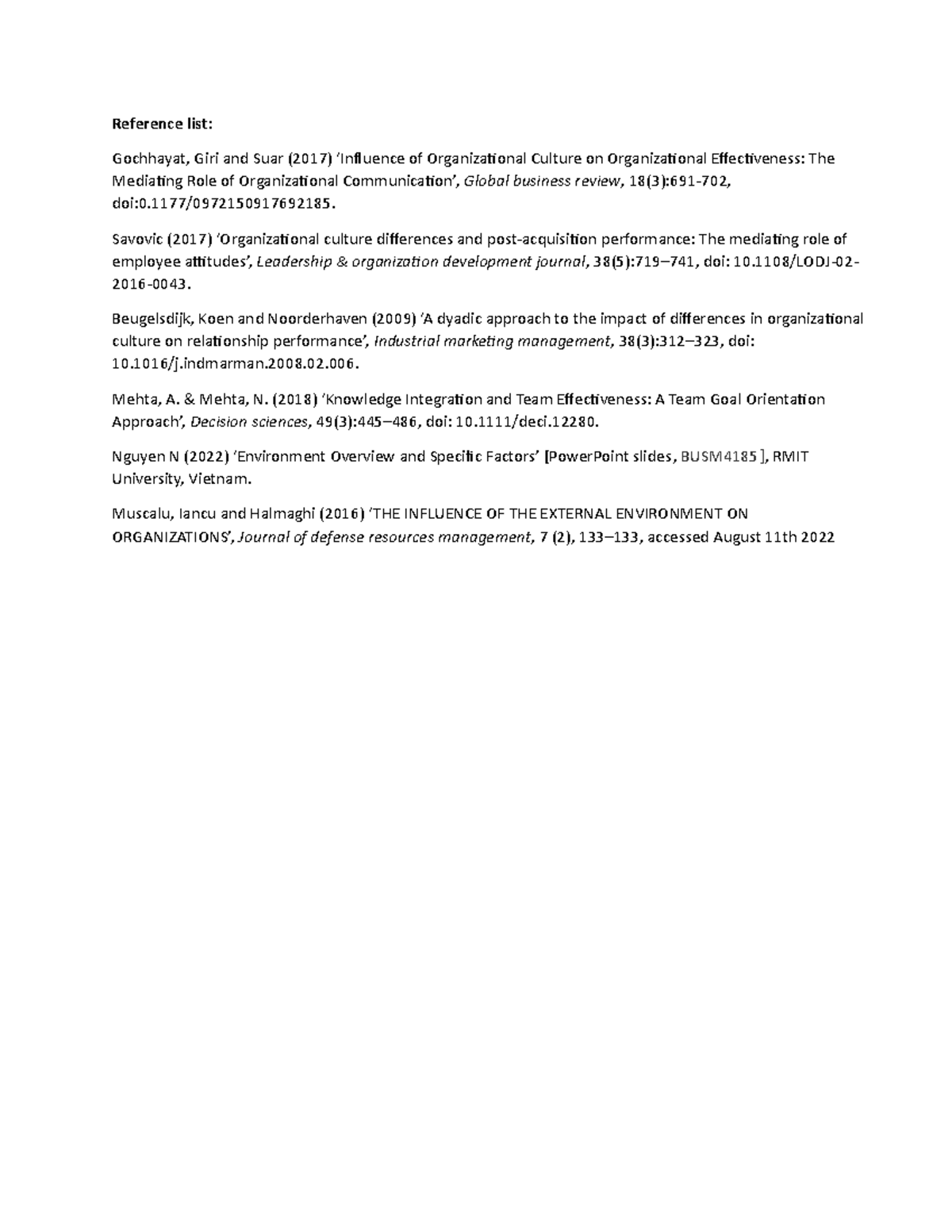 Reference list - draft - Reference list: Gochhayat, Giri and Suar (2017 ...