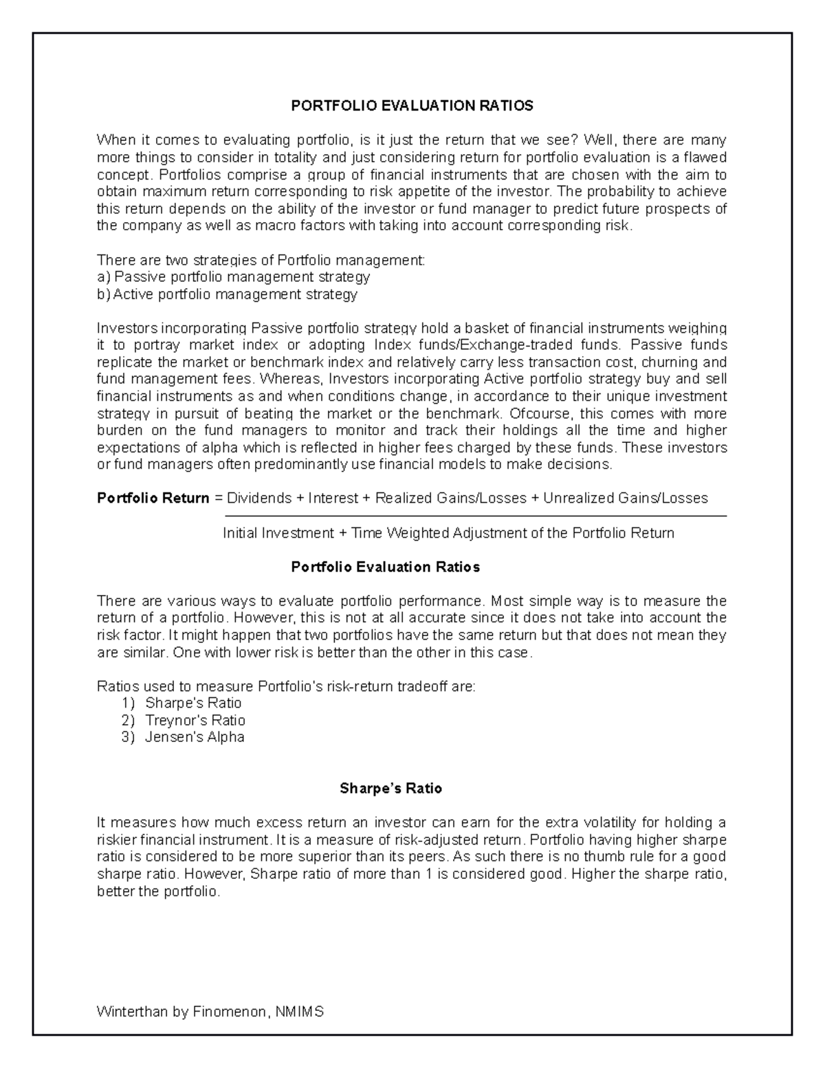 Portfolio Evaluation Ratios - PORTFOLIO EVALUATION RATIOS When it comes ...