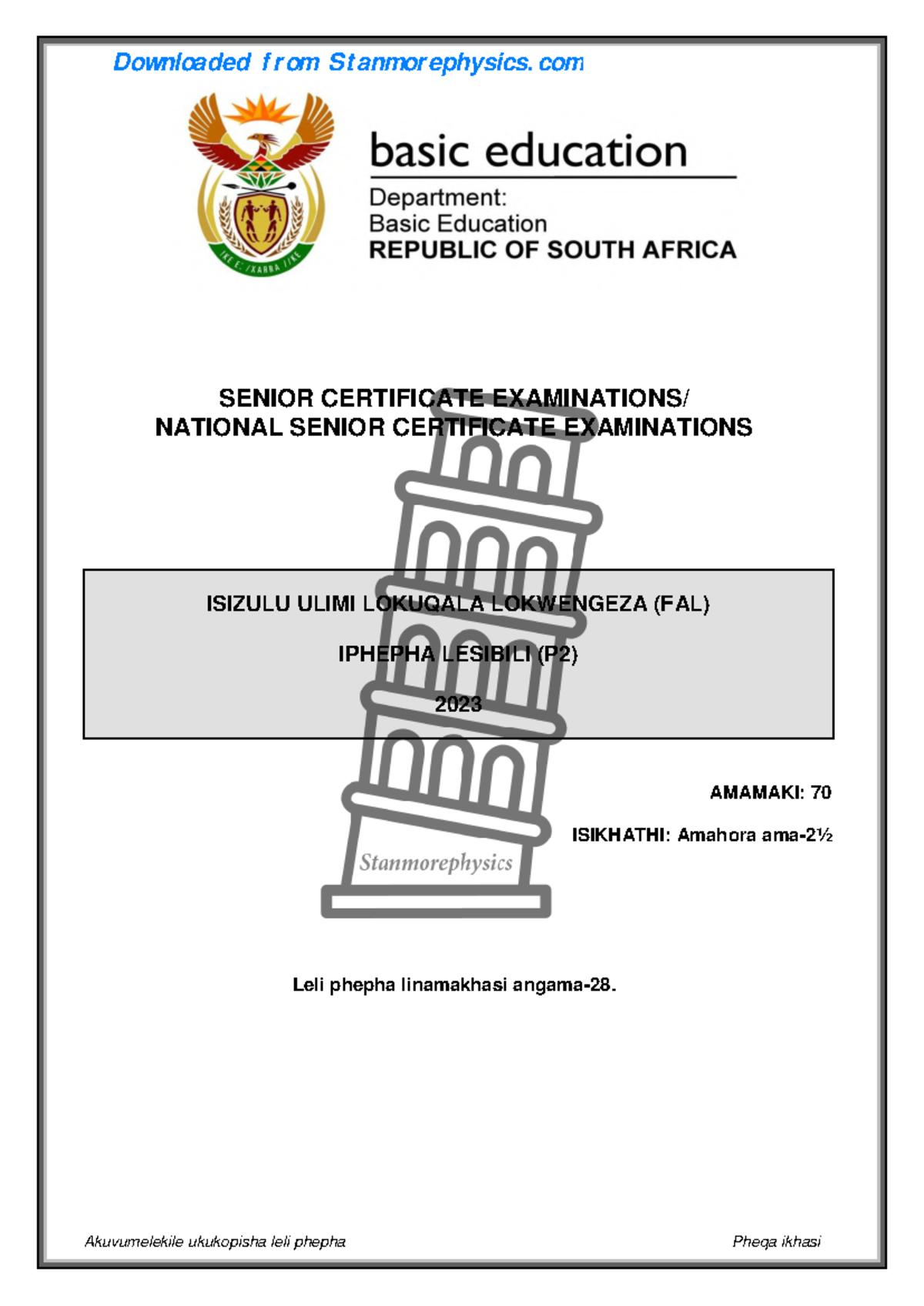 NSC FAL Isi Zulu Grade 12 May June 2023 P2 and Memo SENIOR