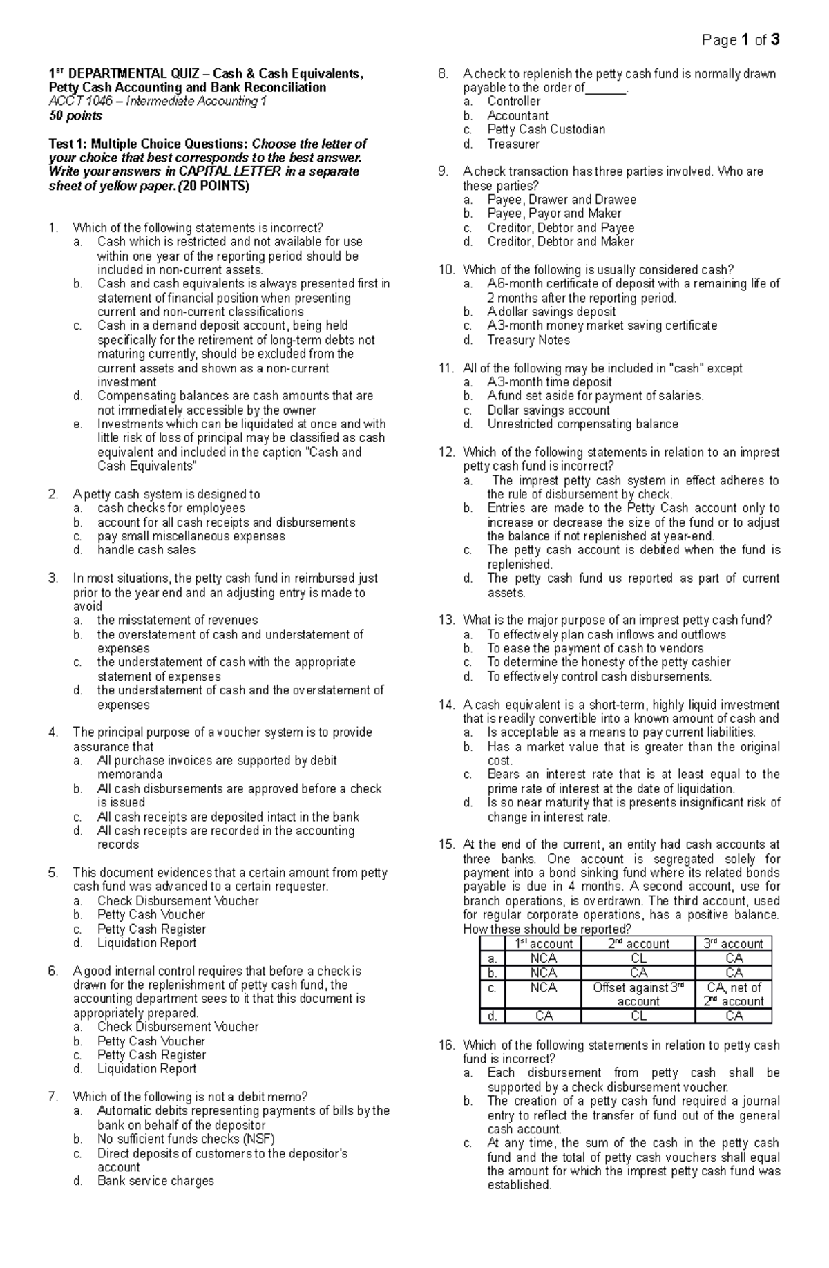 1st Departmental Quiz Cash Page 1 of 3 1 ST DEPARTMENTAL QUIZ