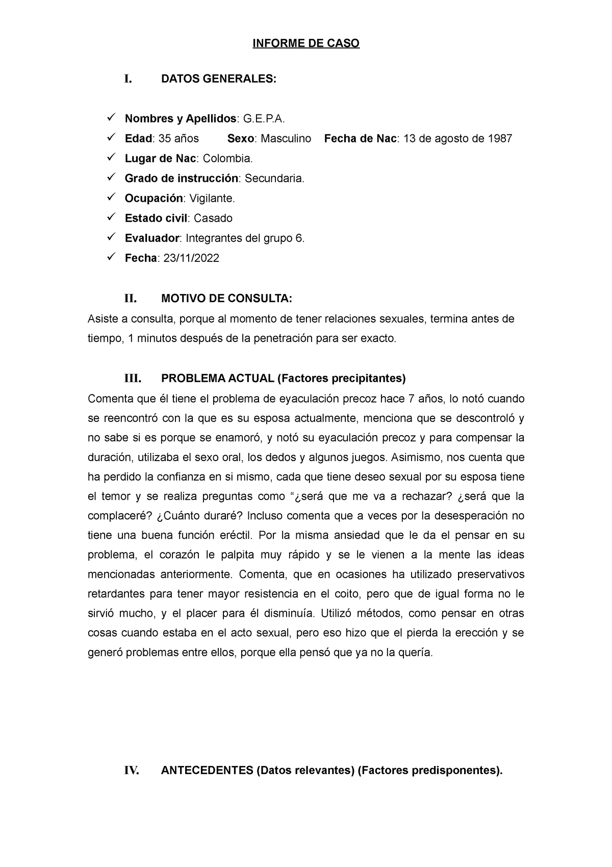 S16. Psicopatología - P.A - INFORME DE CASO I. DATOS GENERALES: Nombres ...