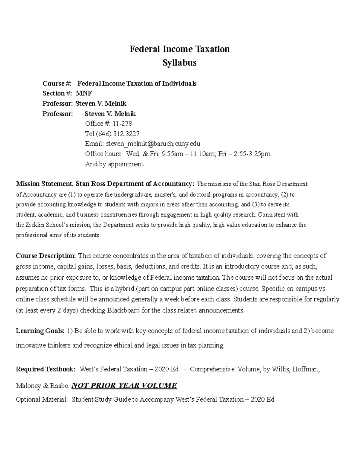 Course Outline 3300 fall 19 - Federal Income Taxation Syllabus Course ...