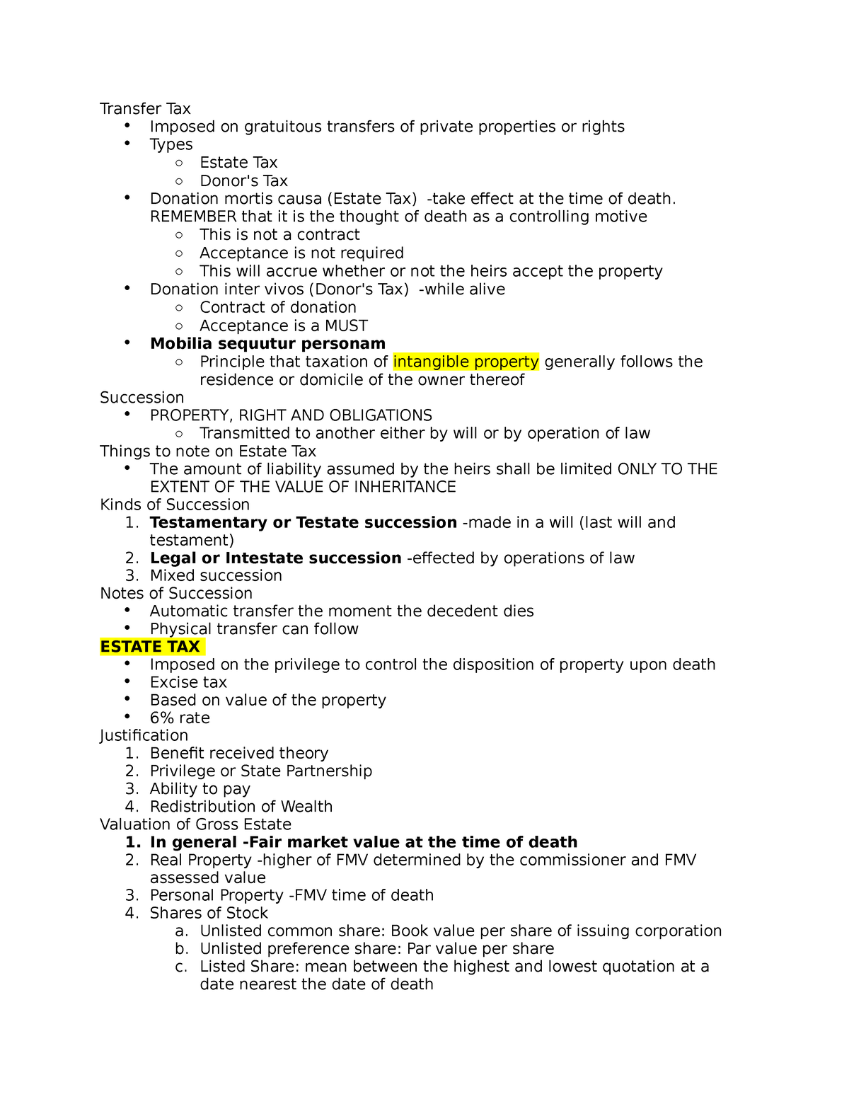 Transfer Tax lecture notes from class and tax code Transfer Tax