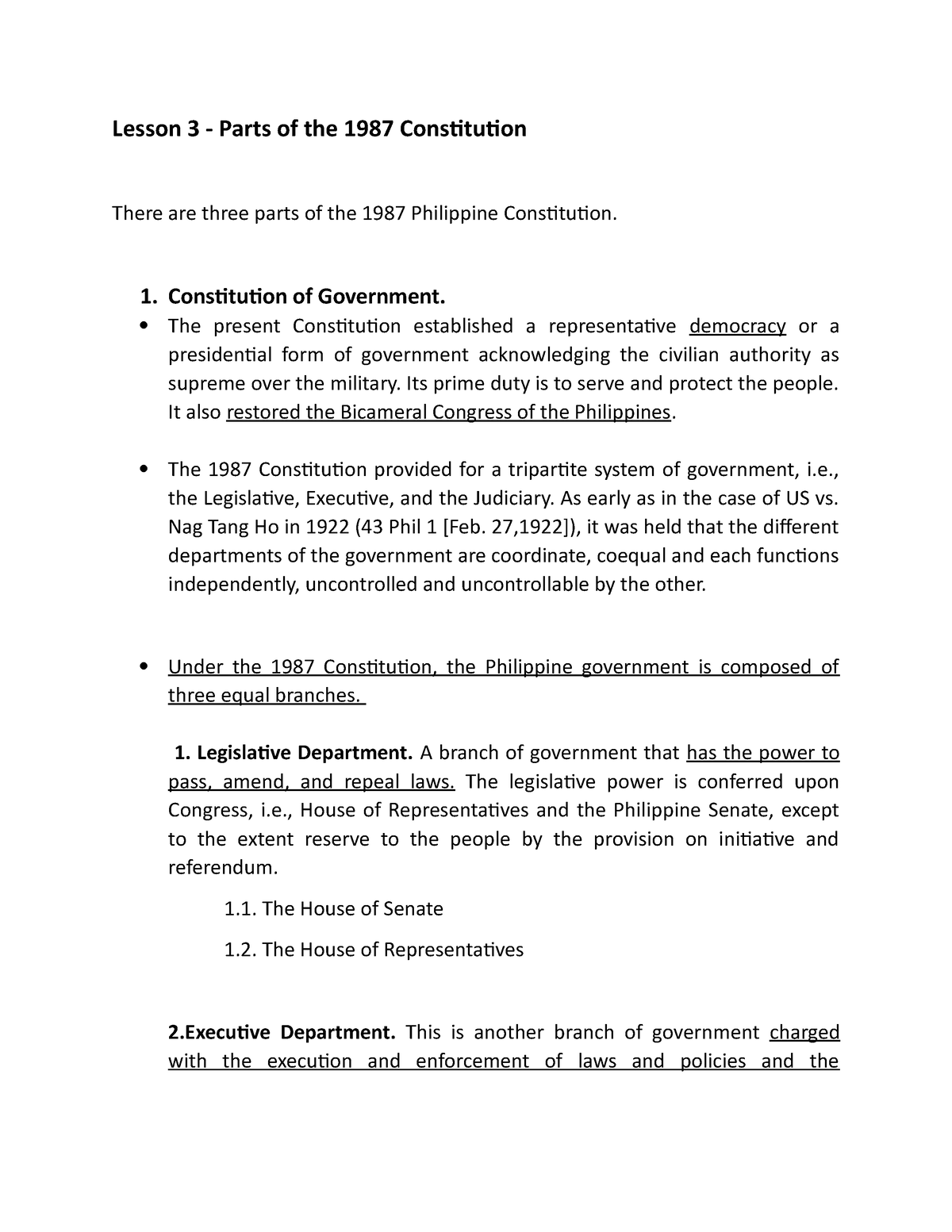 what is the main point of 1987 constitution essay