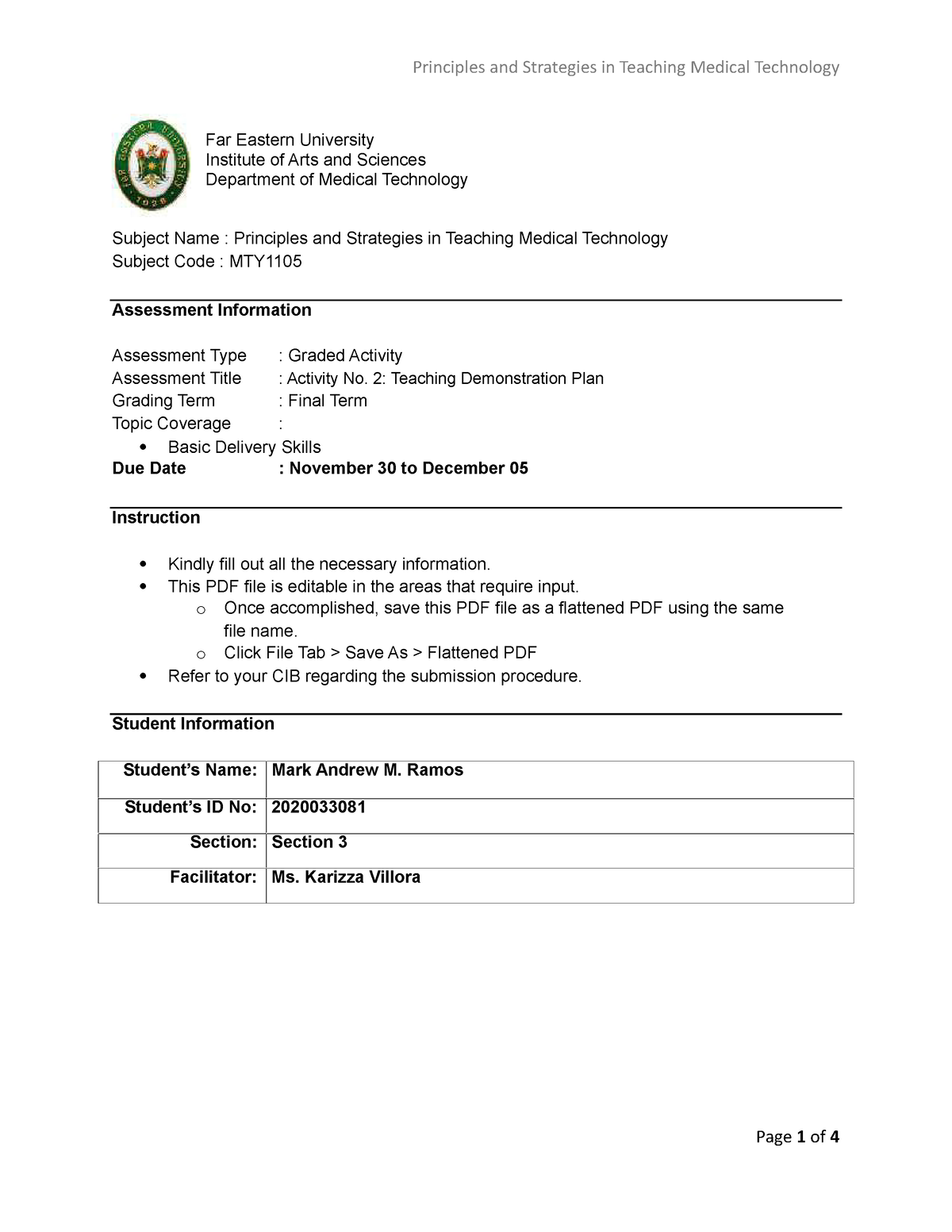 [Final Term] Activity No. 2 Teaching Demonstration Plan - Far Eastern ...