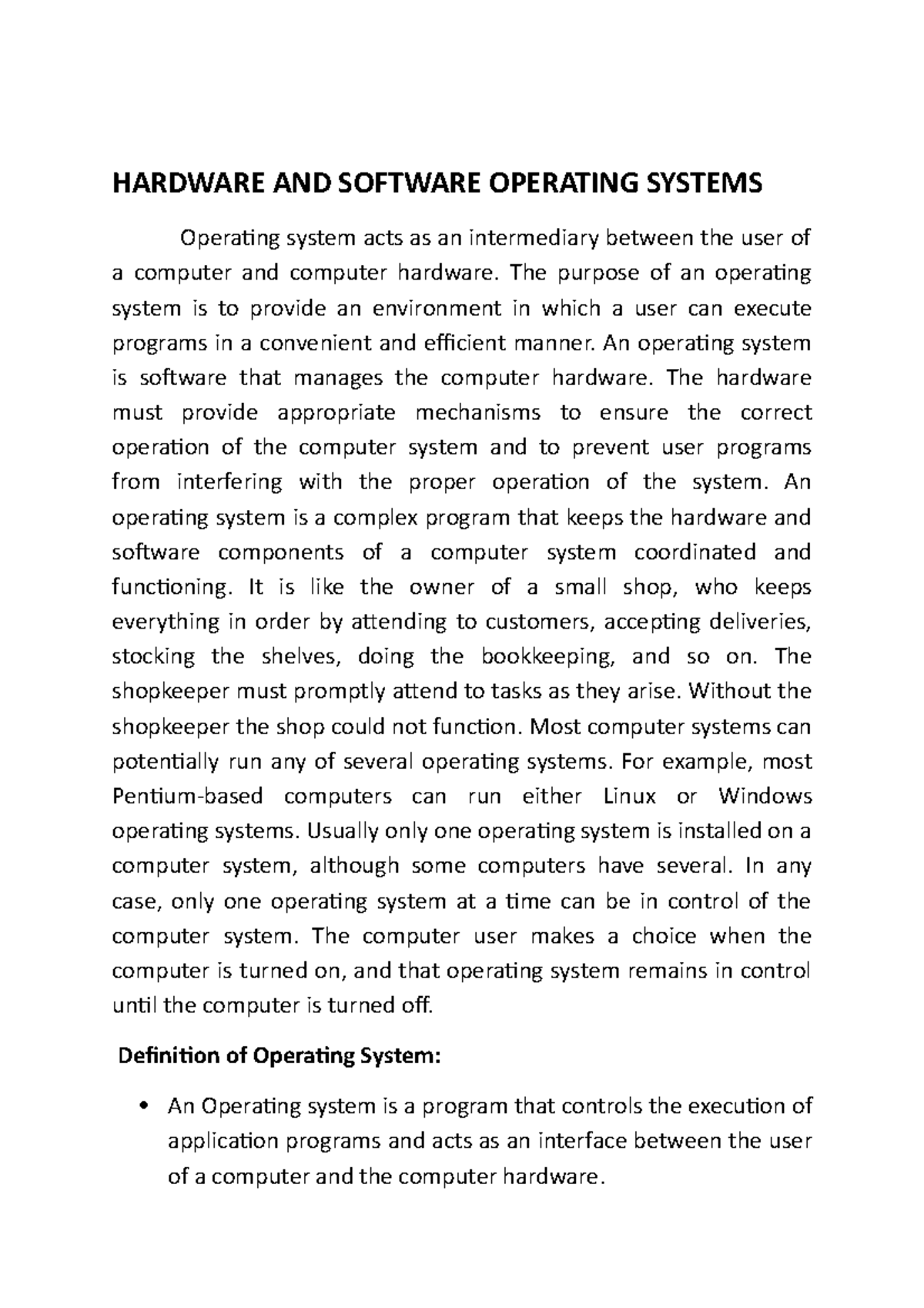Hardware AND Software Operating Systems - HARDWARE AND SOFTWARE ...