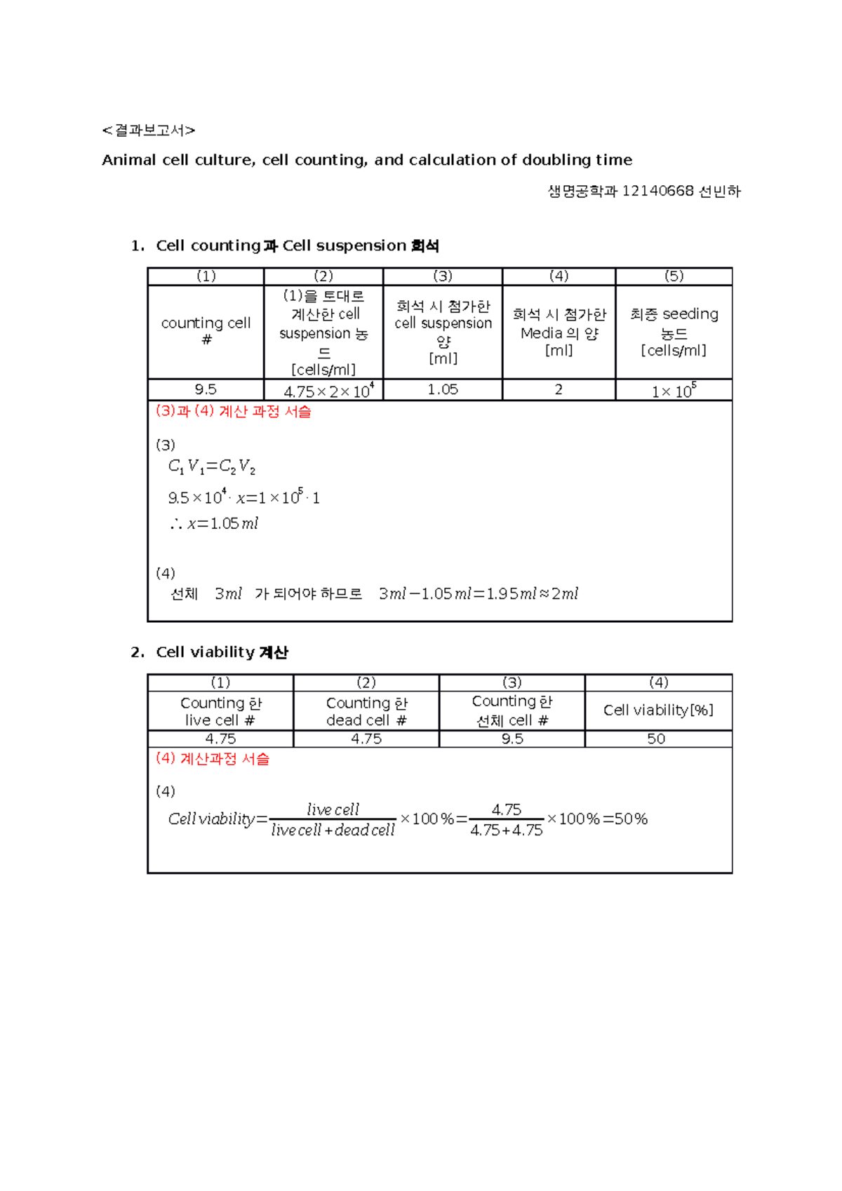 7주차 Animal cell culture, cell counting, and calculation of doubling time 결과보고서 StuDocu