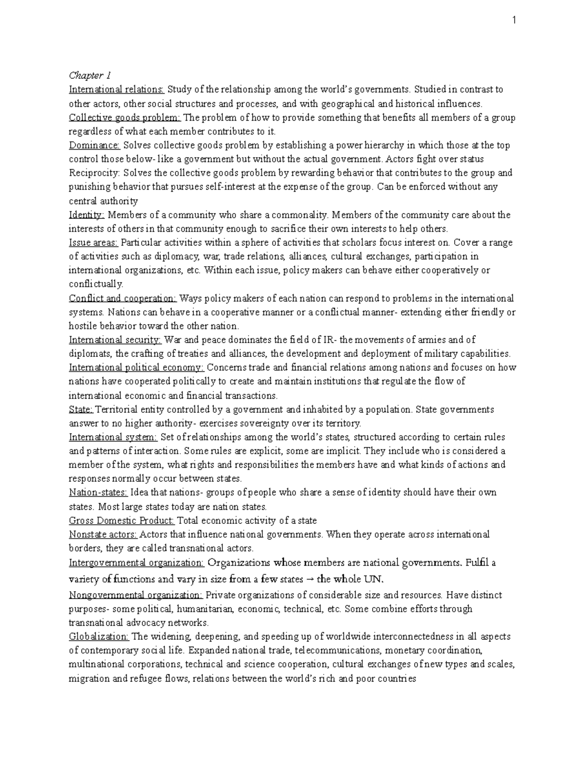 Exam 1 Review - In-depth study guide - 1 Chapter 1 International ...