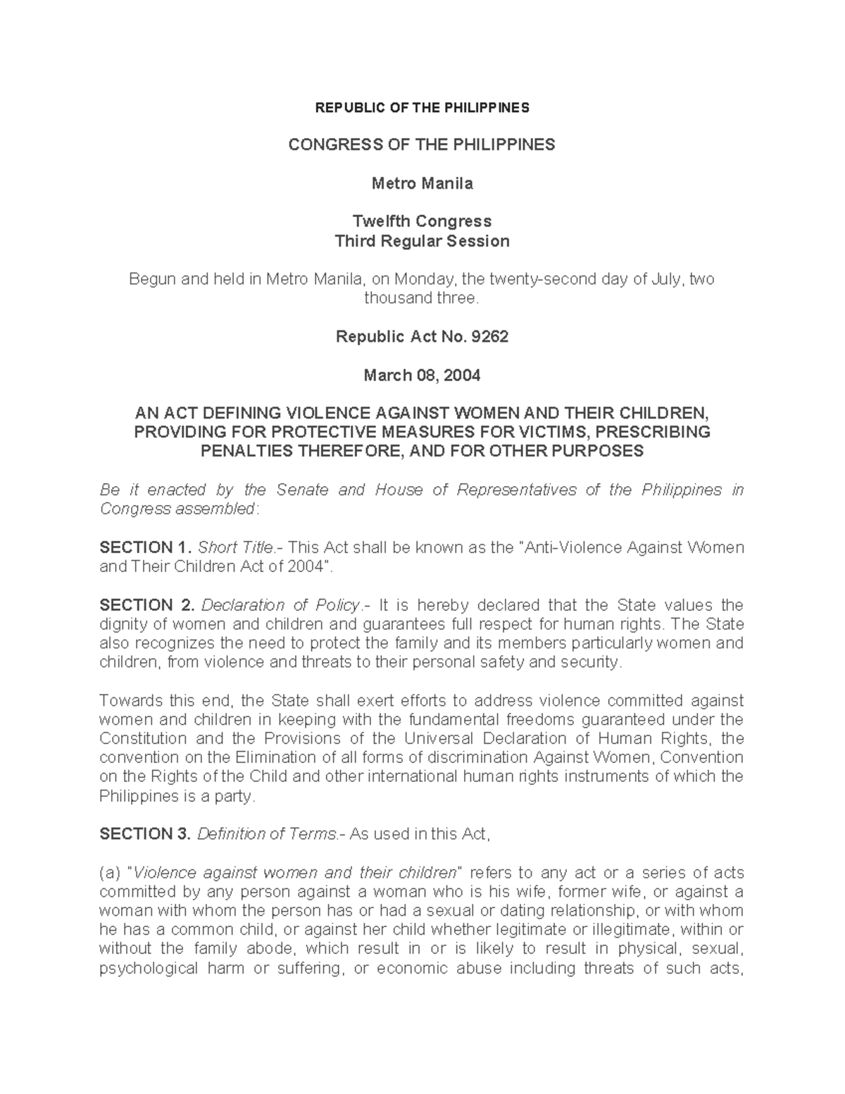 RA 9262 - RA 9262 - REPUBLIC OF THE PHILIPPINES CONGRESS OF THE ...