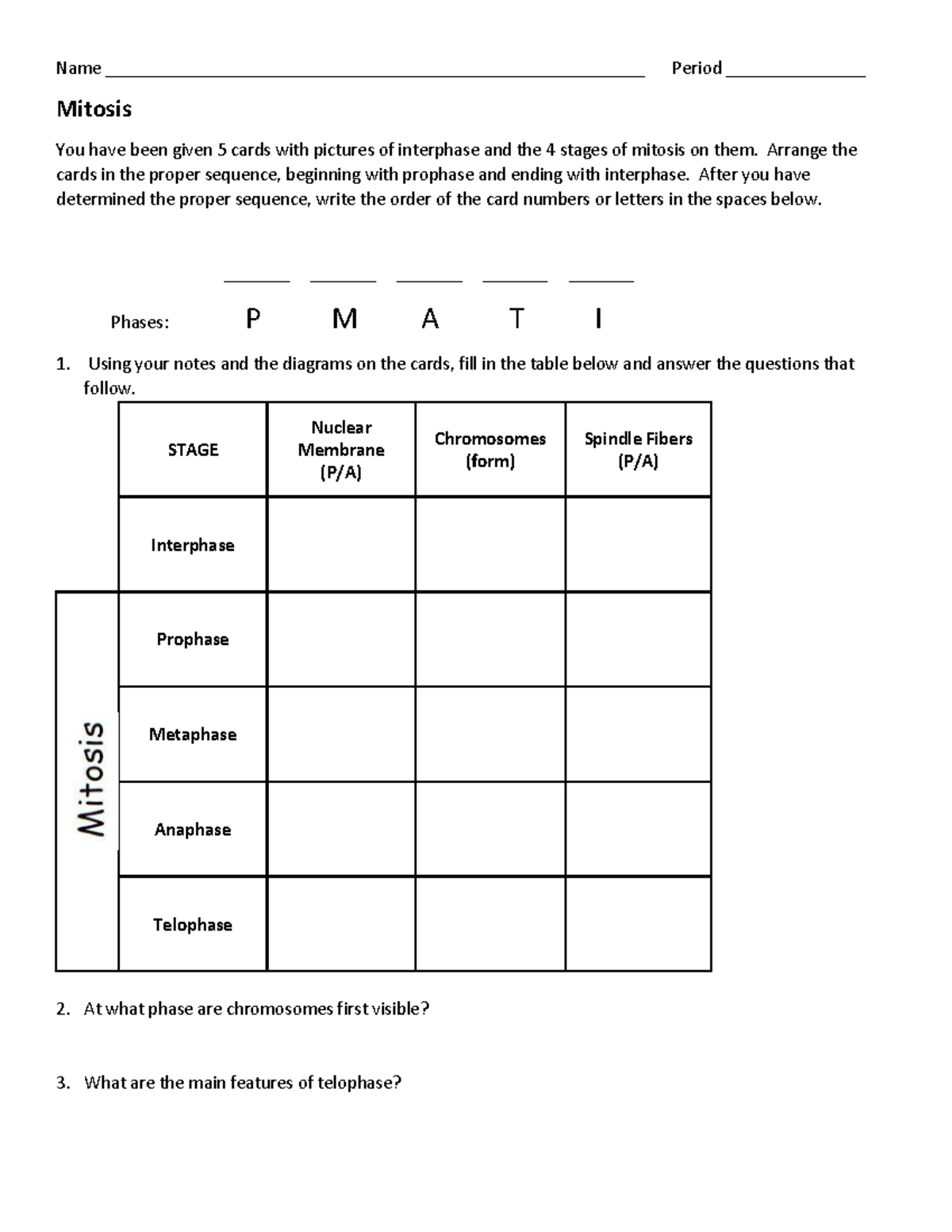 Mitosis Cards Worksheet - Name