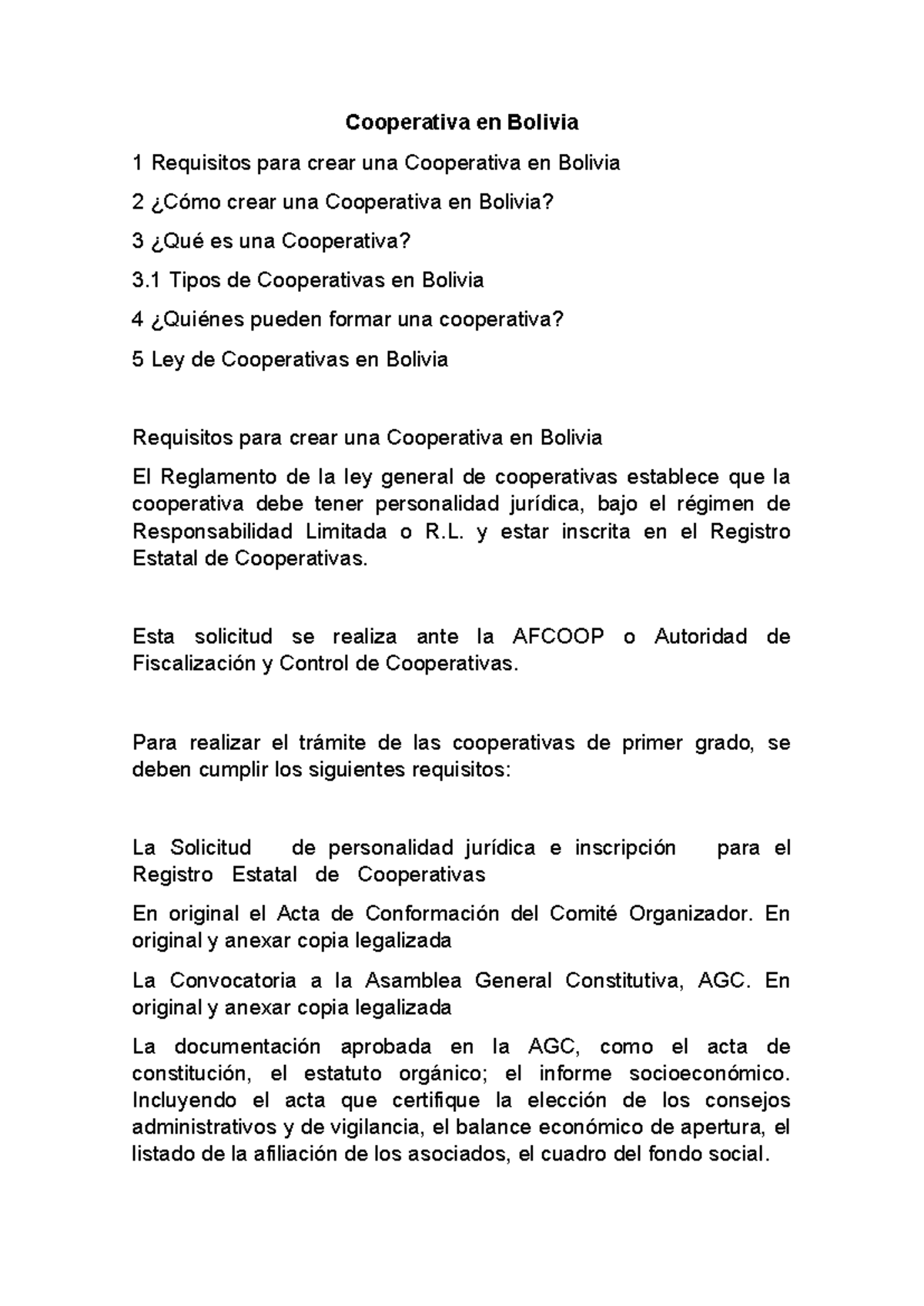 1 Requisitos para crear una Cooperativa en Bolivia borrador ...