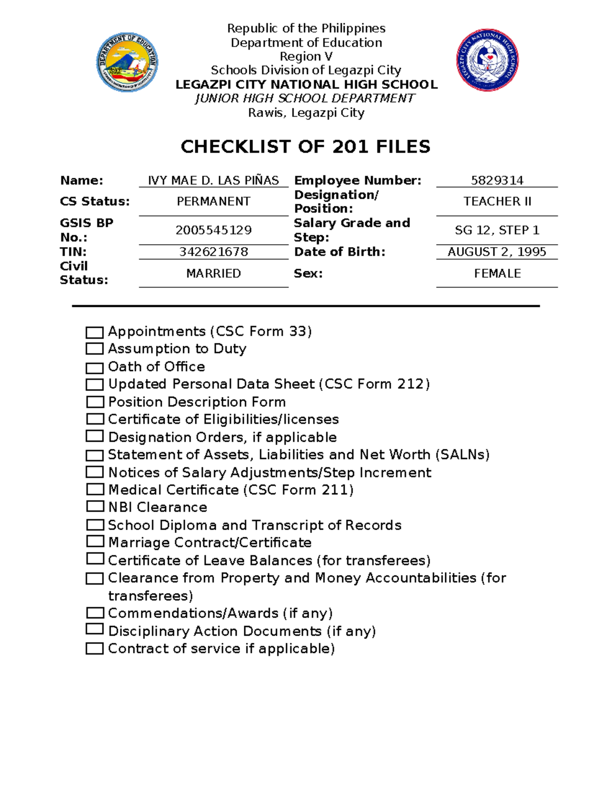 201 File Checklist 1 - For 201 filing - Republic of the Philippines ...