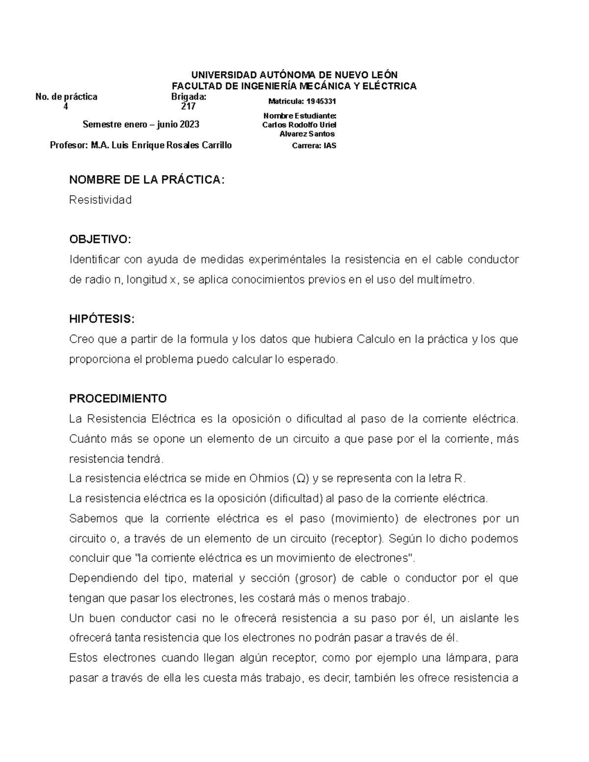 Practica 4 Lab Física 3 - UNIVERSIDAD AUTÓNOMA DE NUEVO LEÓN No. de ...
