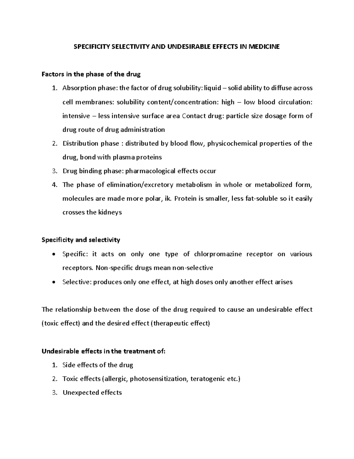Specificity Selectivity And Undesirable Effects In Medicine ...