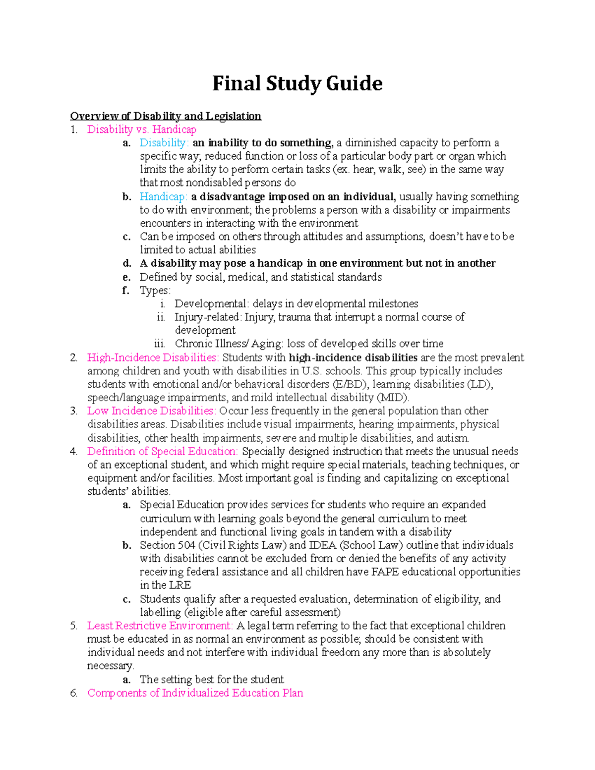 Final Exam Study Guide - Summary Intro to Exceptionality - Final Study ...