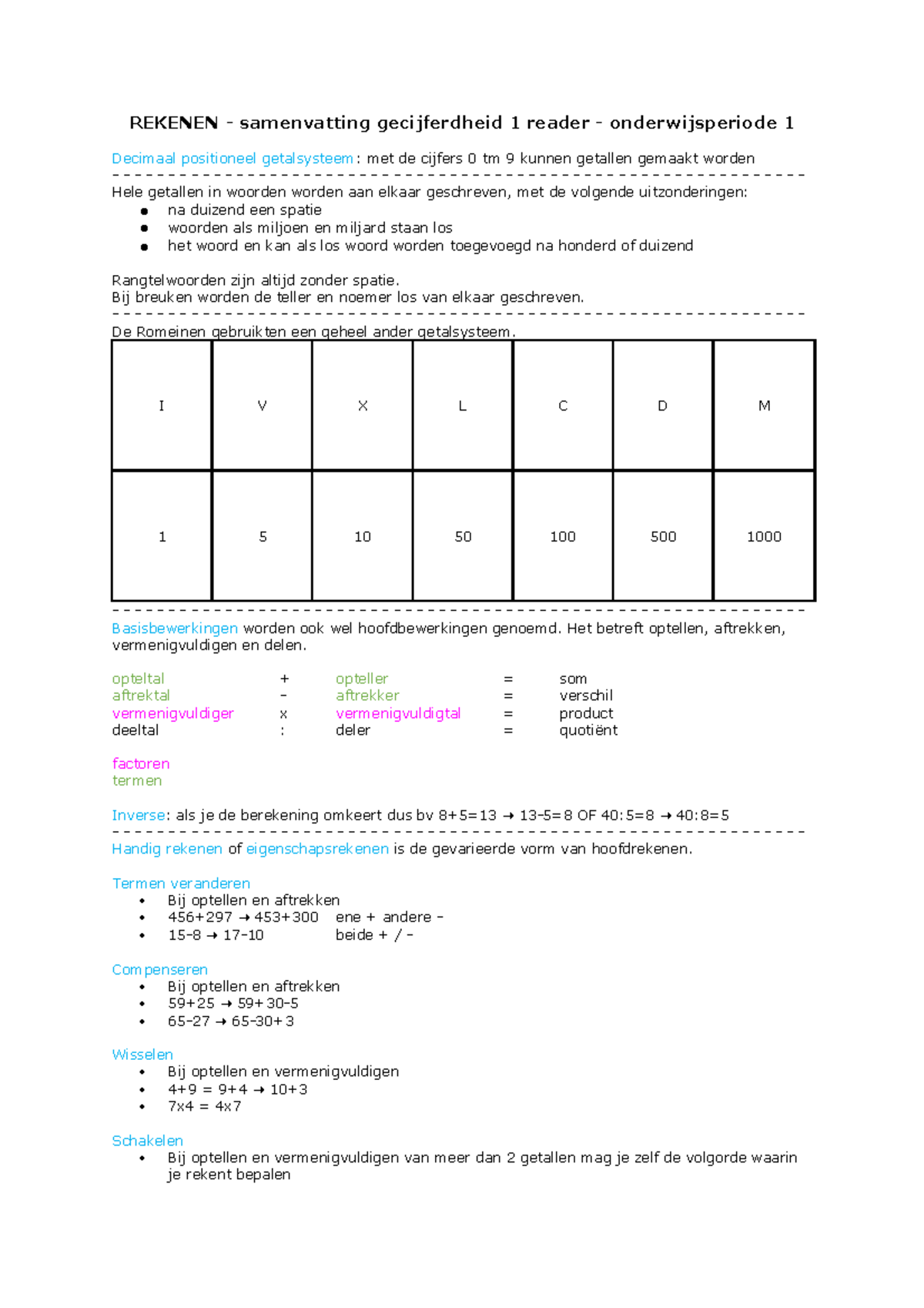 Rekenen - Samenvatting Gecijferdheid 1 Reader - Onderwijsperiode 1 ...