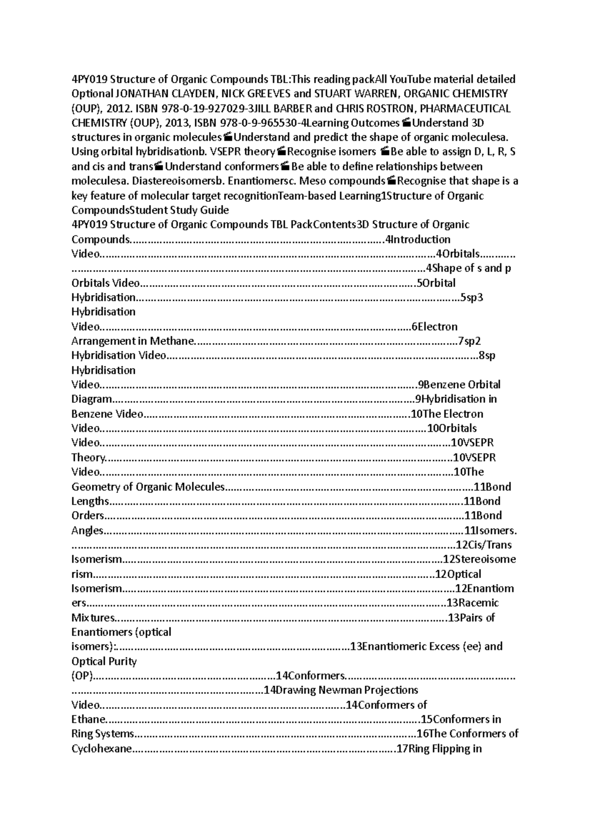 Pharmacy notes 1 - 4PY019 Structure of Organic Compounds TBL:This ...