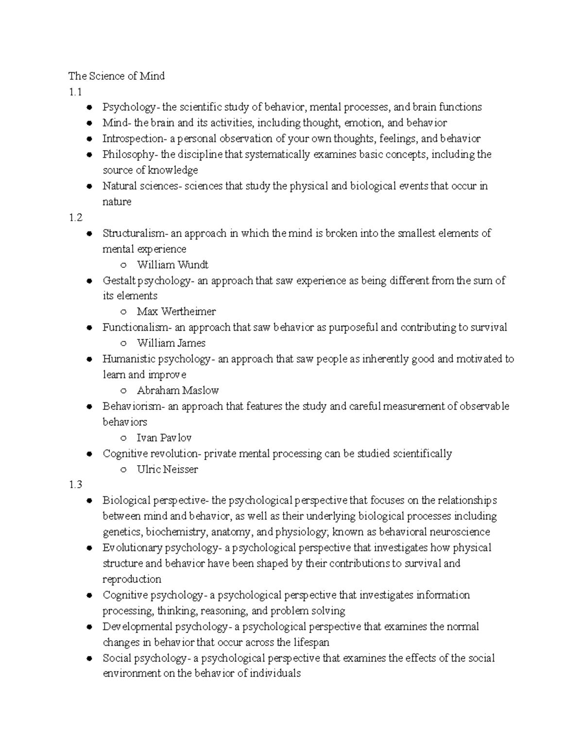 Chapter 1&2&4 Notes - Psych 101 - The Science of Mind 1. Psychology ...