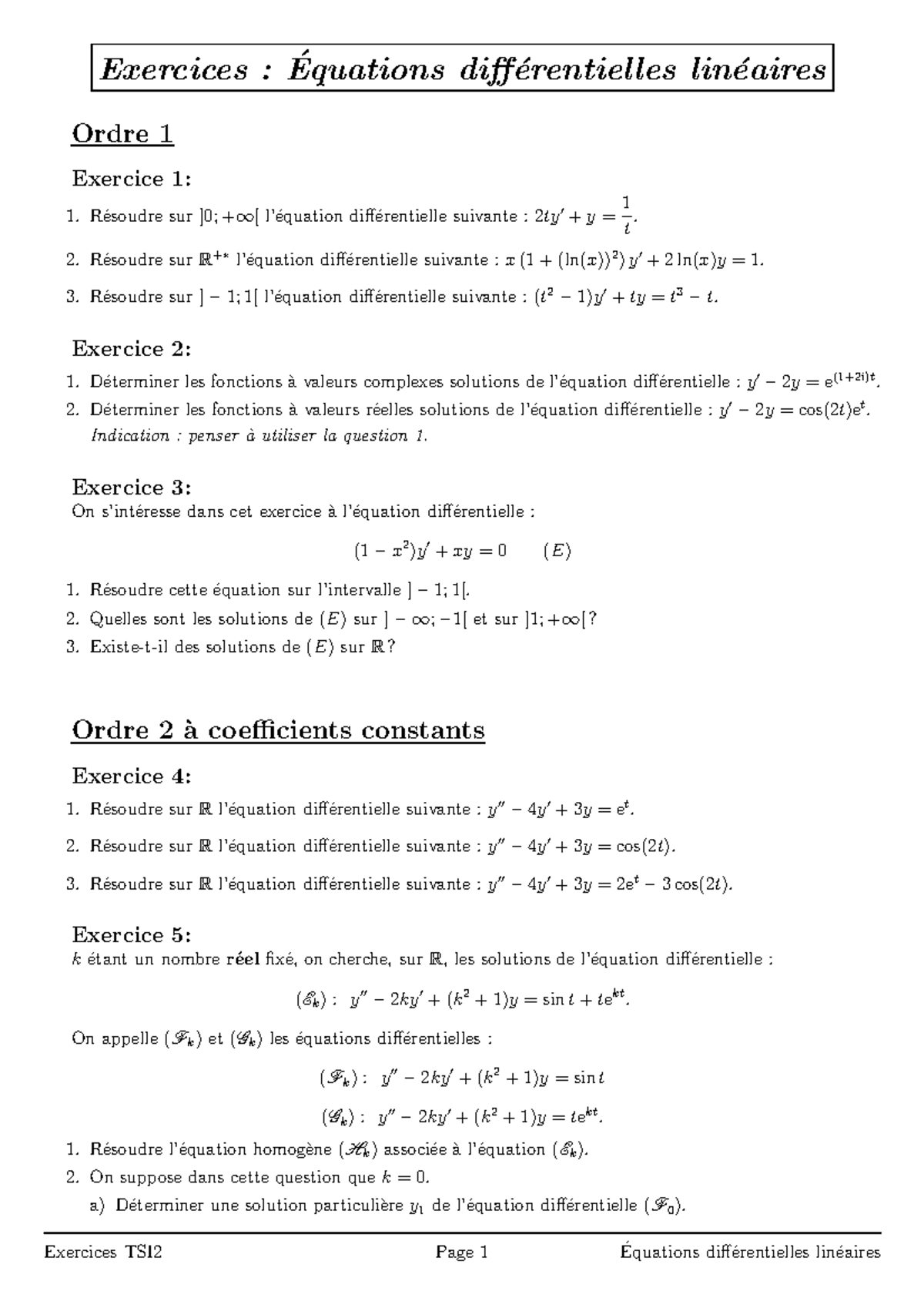 Chapitre 2 Équations Différentielles Linéaires Exercices - Exercices ...