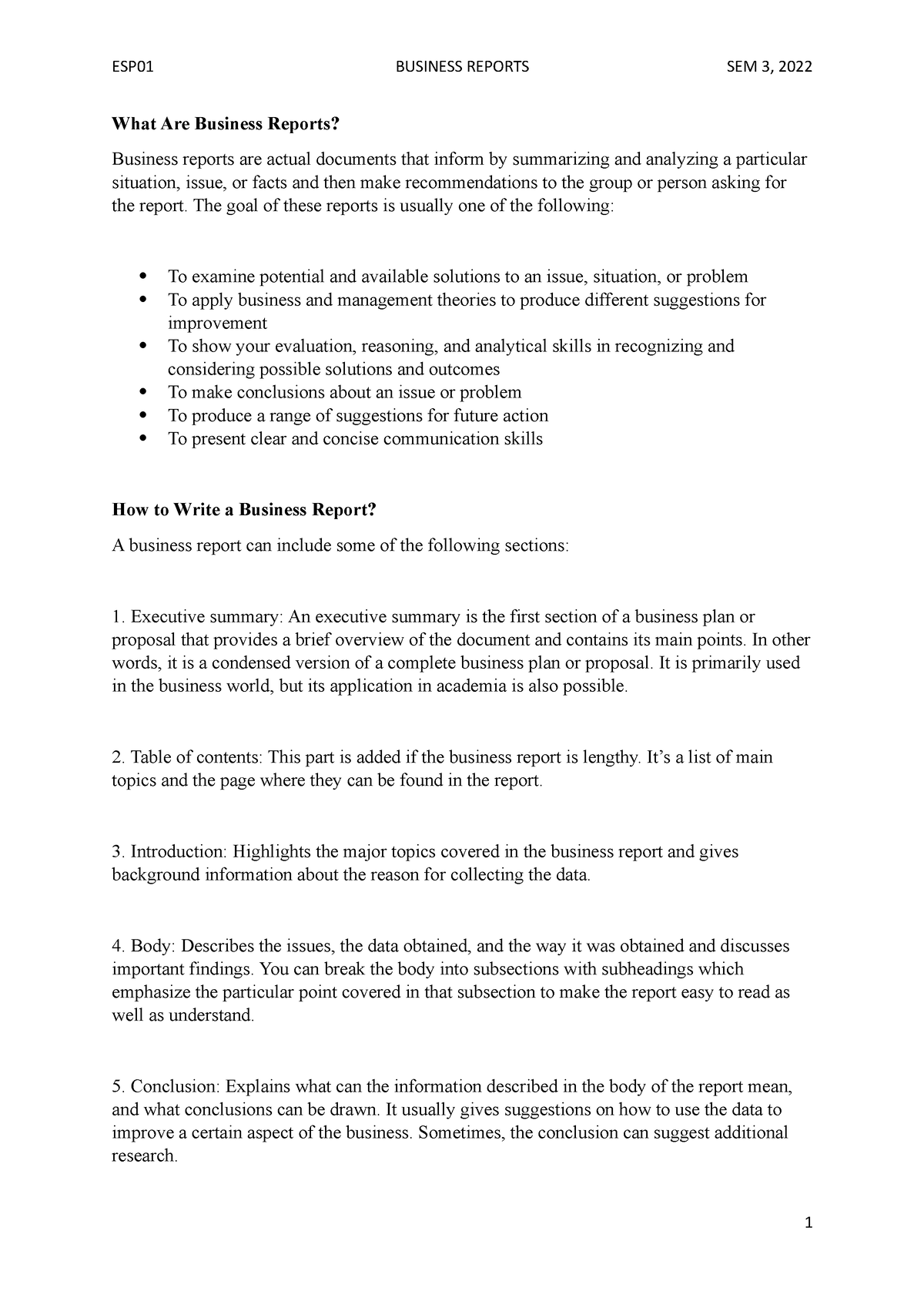 how to write a business report conclusion