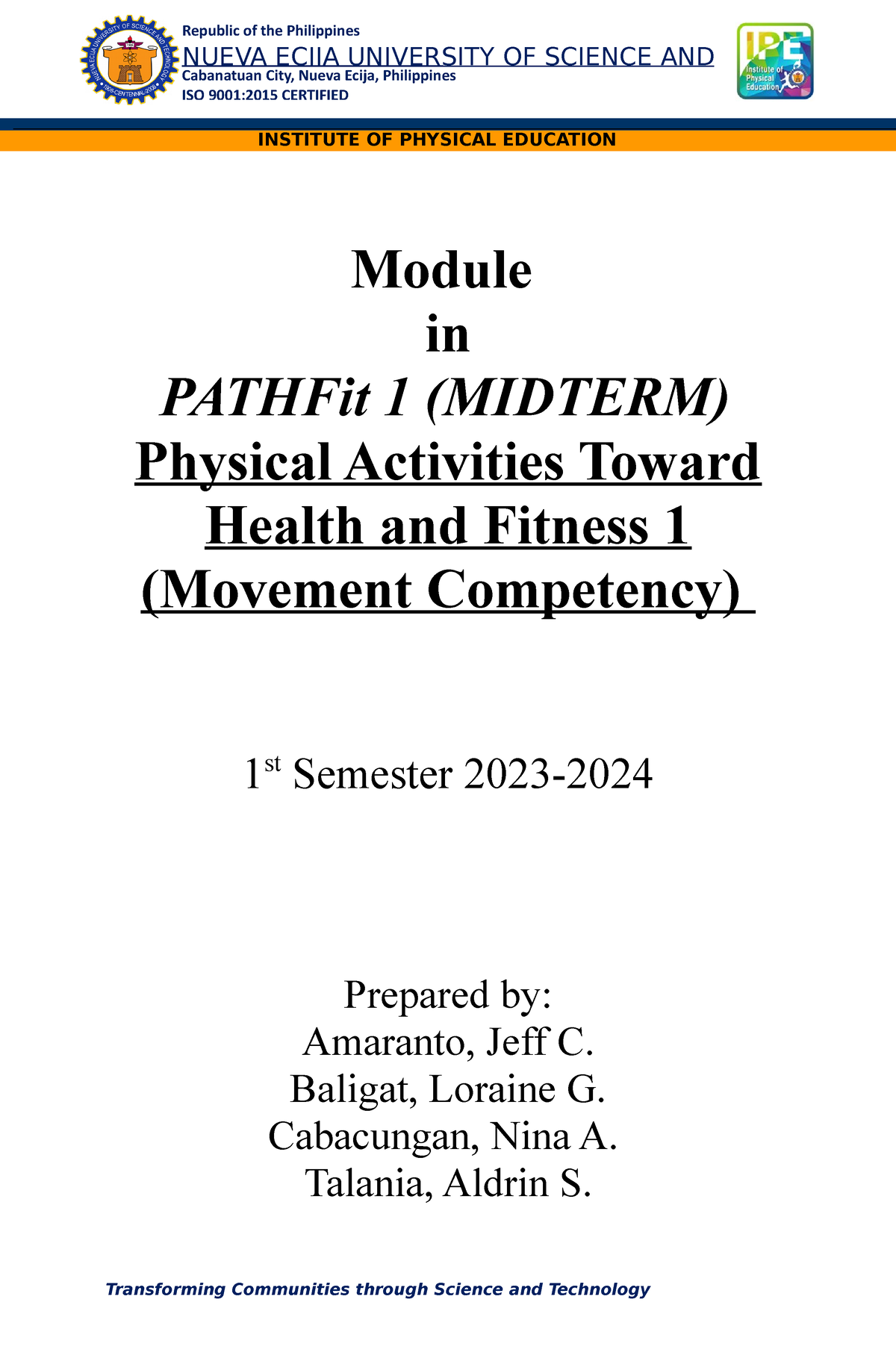 Pathfit 1 Module Unit 2 - Module In PATHFit 1 (MIDTERM) Physical ...