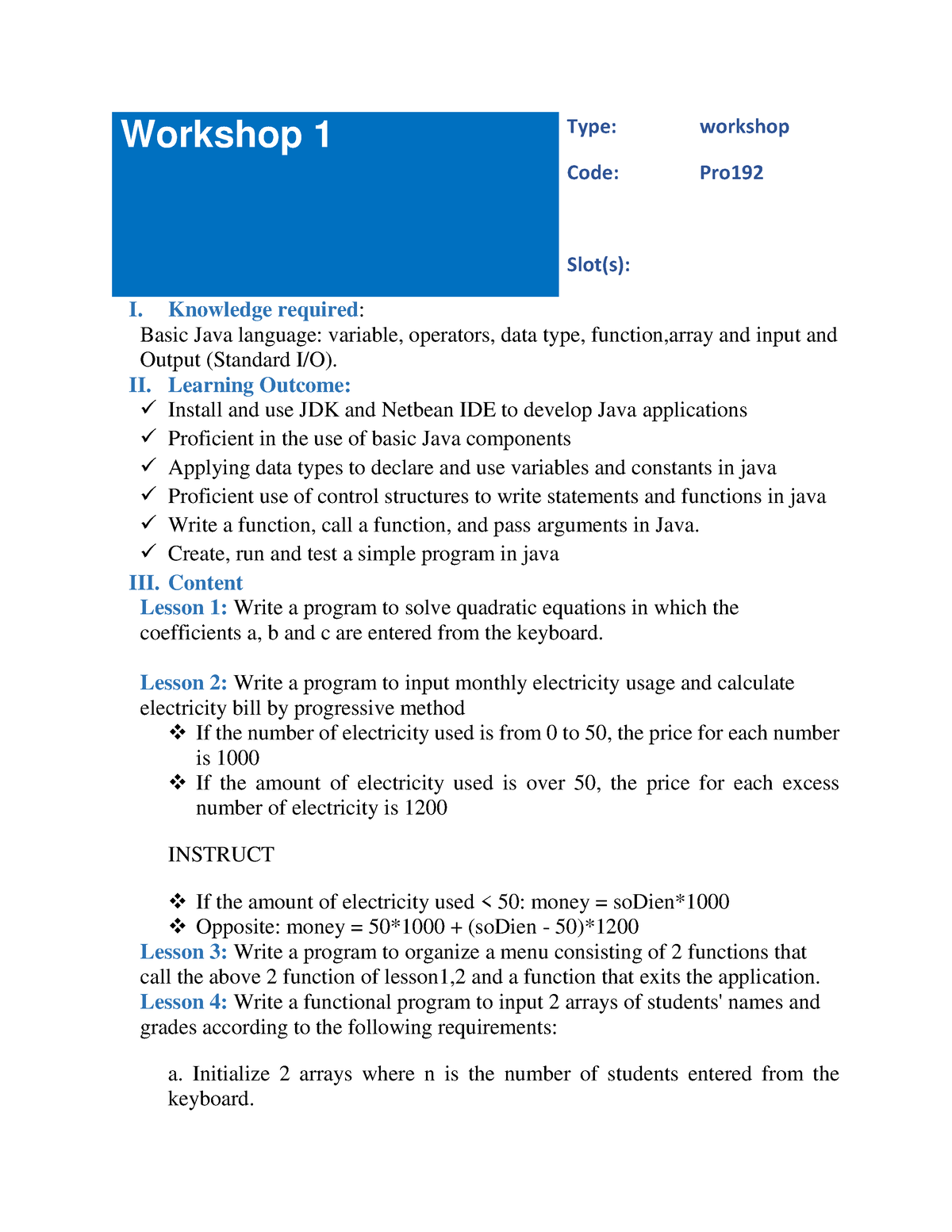 Lab1 Pro192 - Lab1- 2003 - Workshop 1 Type: Workshop Code: Pro Slot(s ...