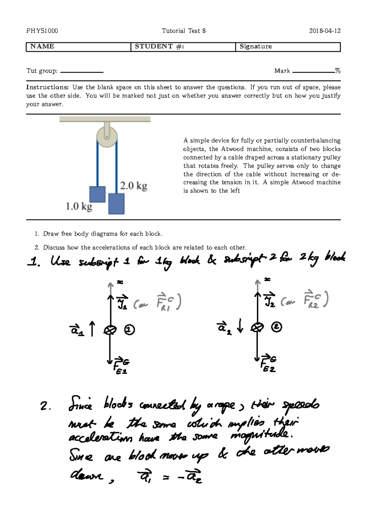 Tut8 - Tutorials and solutions - PHYS1000 Tutorial Test 8 2018-04- NAME ...