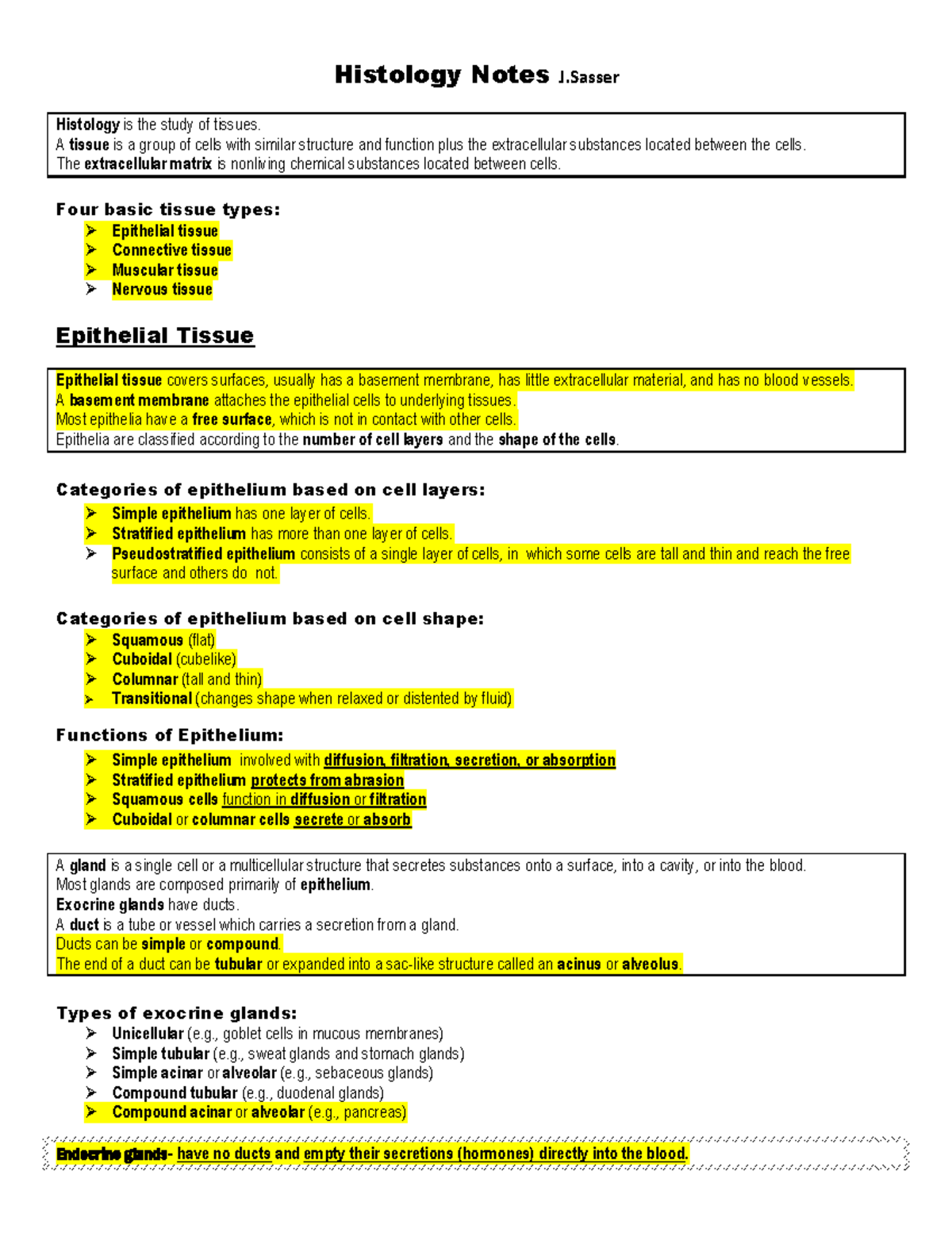 Histology Notes For Lecture - Histology Notes J Histology Is The Study ...