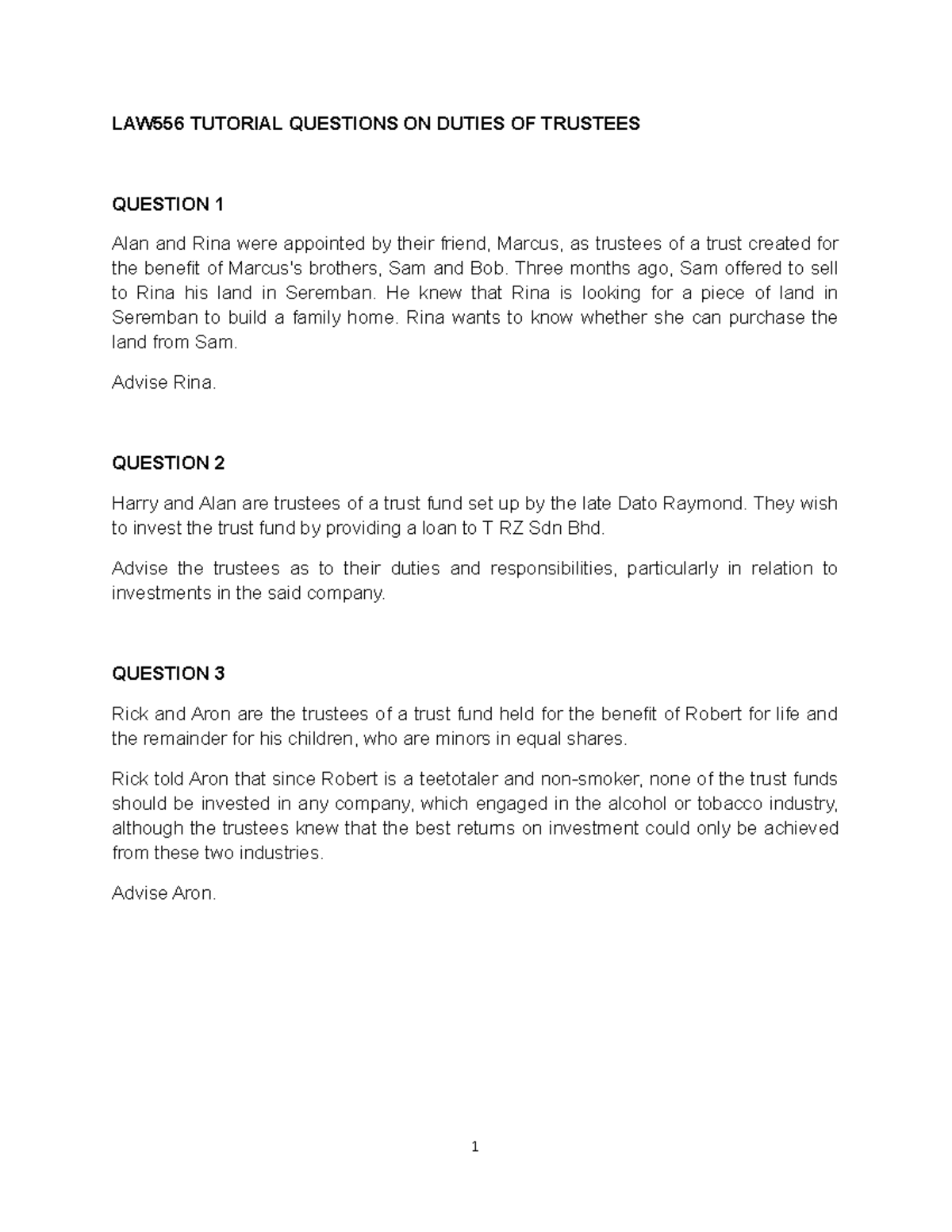 LAW556 Tutorial Questions ON Duties OF Trustees - LAW556 TUTORIAL ...