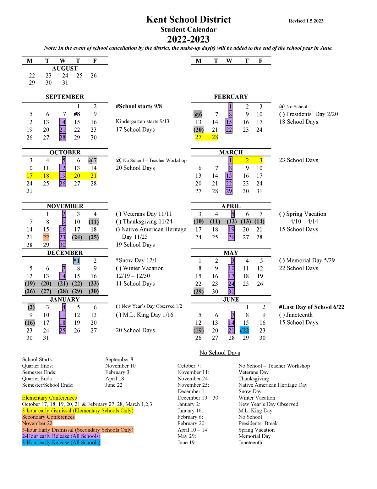 KSD Calendar Kent School District Revised 1. Student Calendar