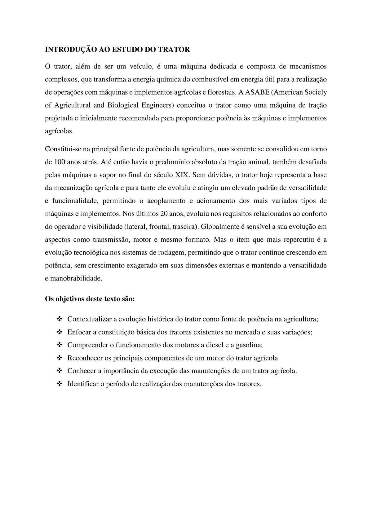 Ficha DE Apoio Mecanizacao Agricola - INTRODUÇÃO AO ESTUDO DO TRATOR O ...