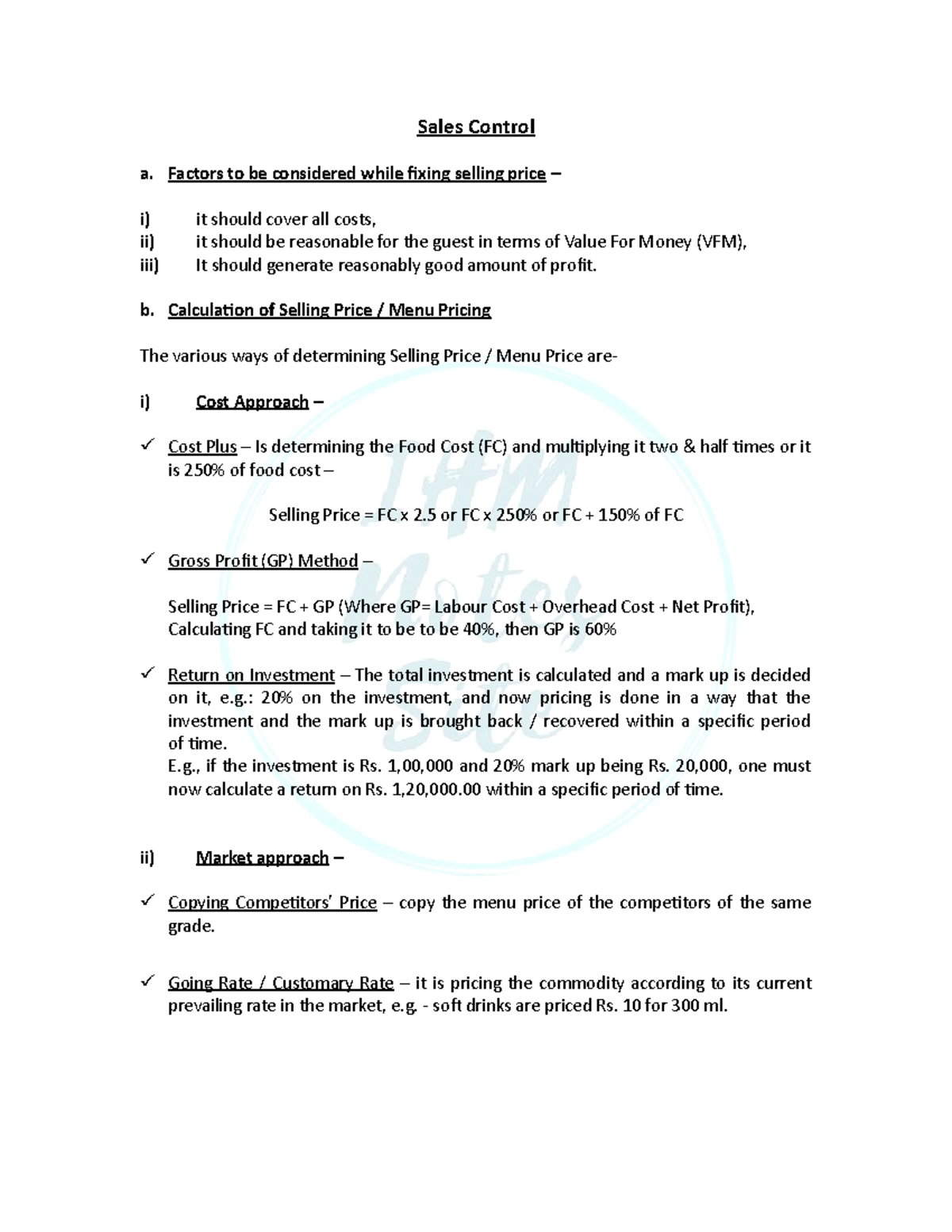 Sales control notes - Sales Control a. Factors to be considered while ...