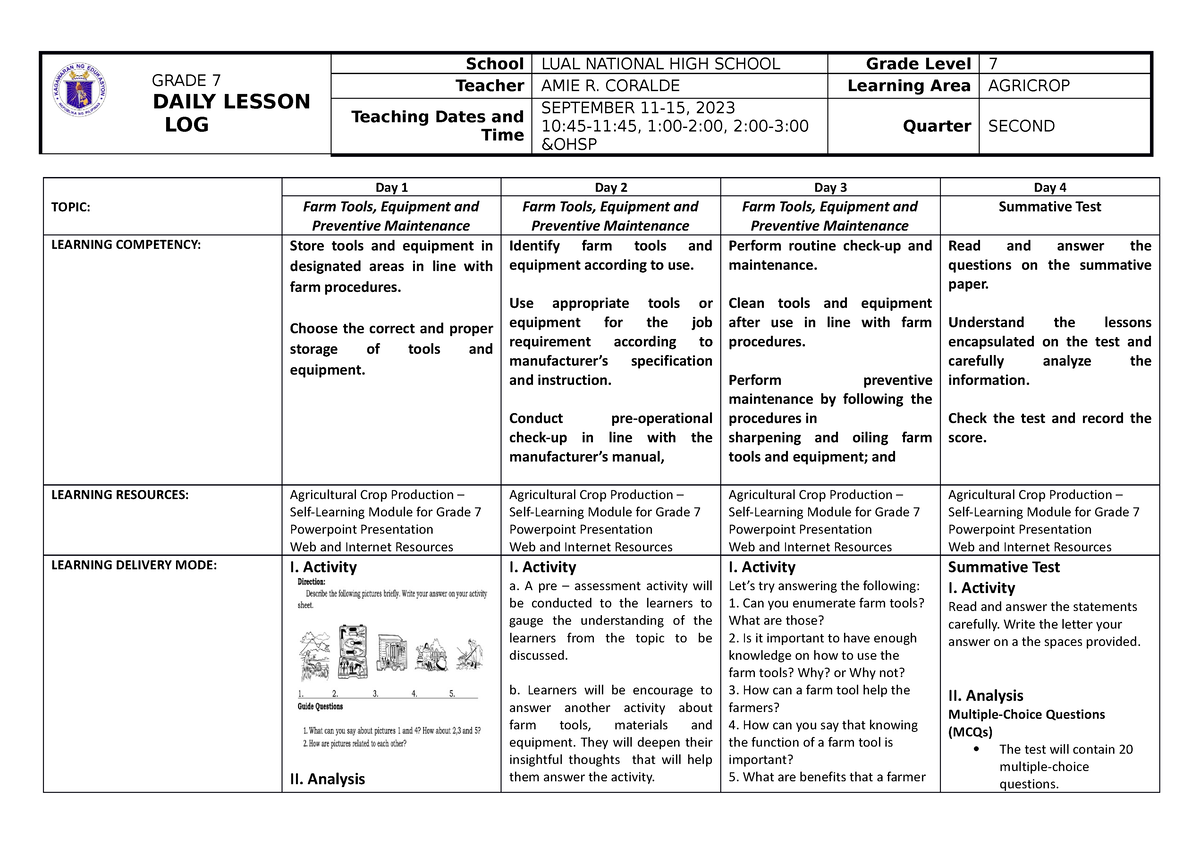 Wk 1 Dll 7 - DLL - GRADE 7 DAILY LESSON LOG School LUAL NATIONAL HIGH ...