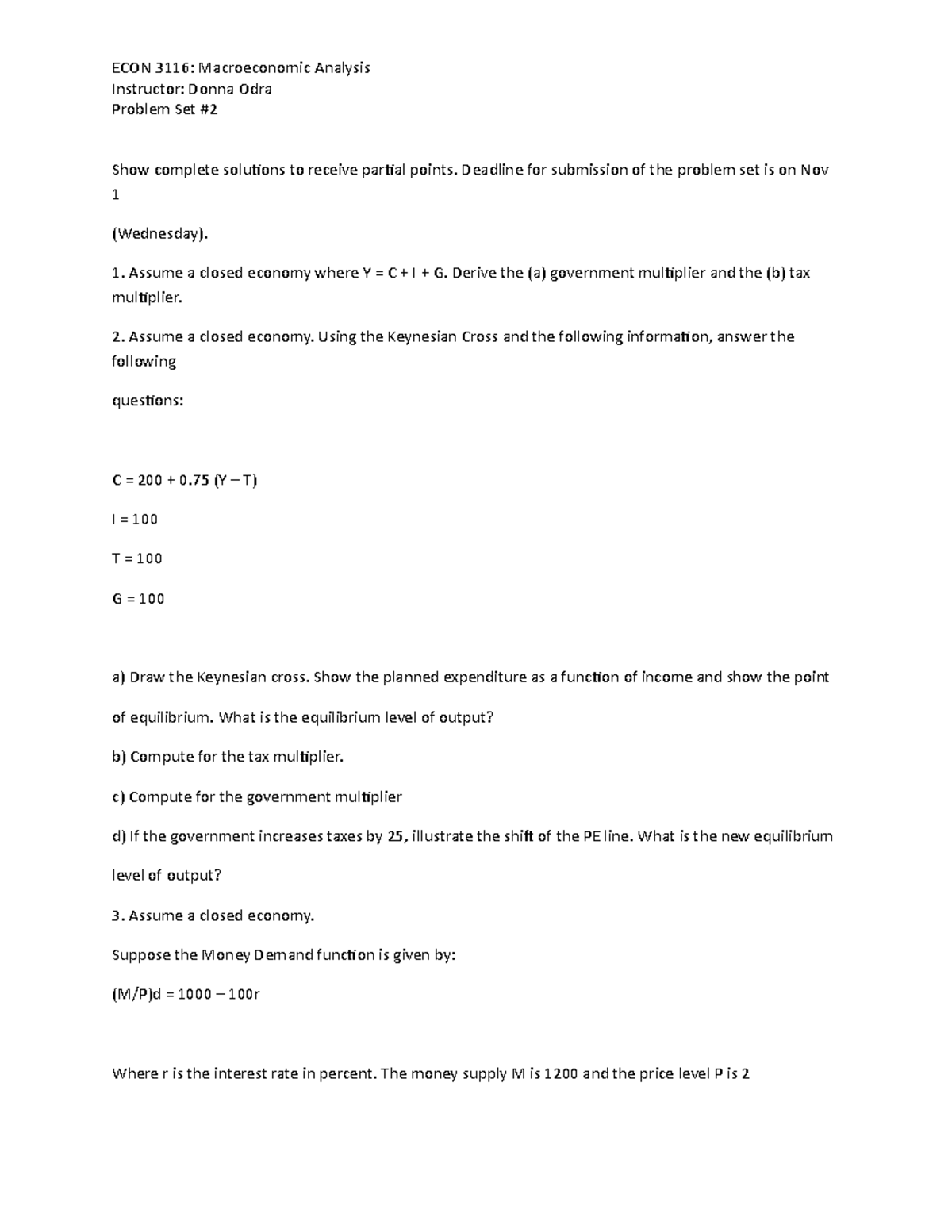 Questions problem set for Macro Analysis - ECON 3116: Macroeconomic ...