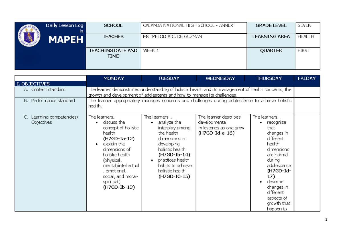 Q1 Grade 7 Health DLL Week 1 - MONDAY TUESDAY WEDNESDAY THURSDAY FRIDAY ...