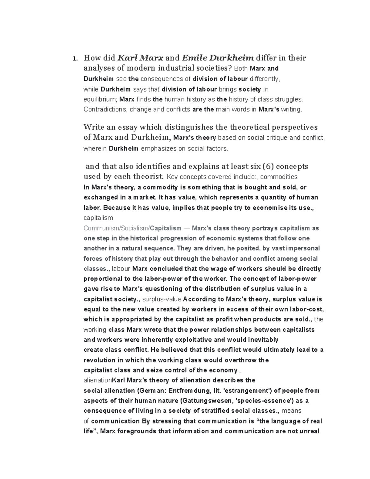 Soci 335 final prep - 1. How did Karl Marx and Emile Durkheim differ in ...