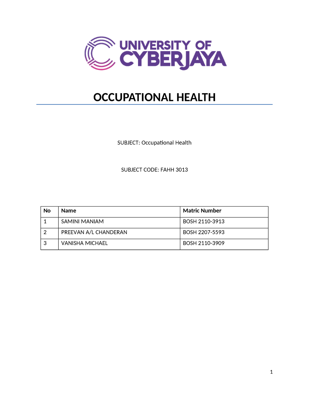 occupational health assignment