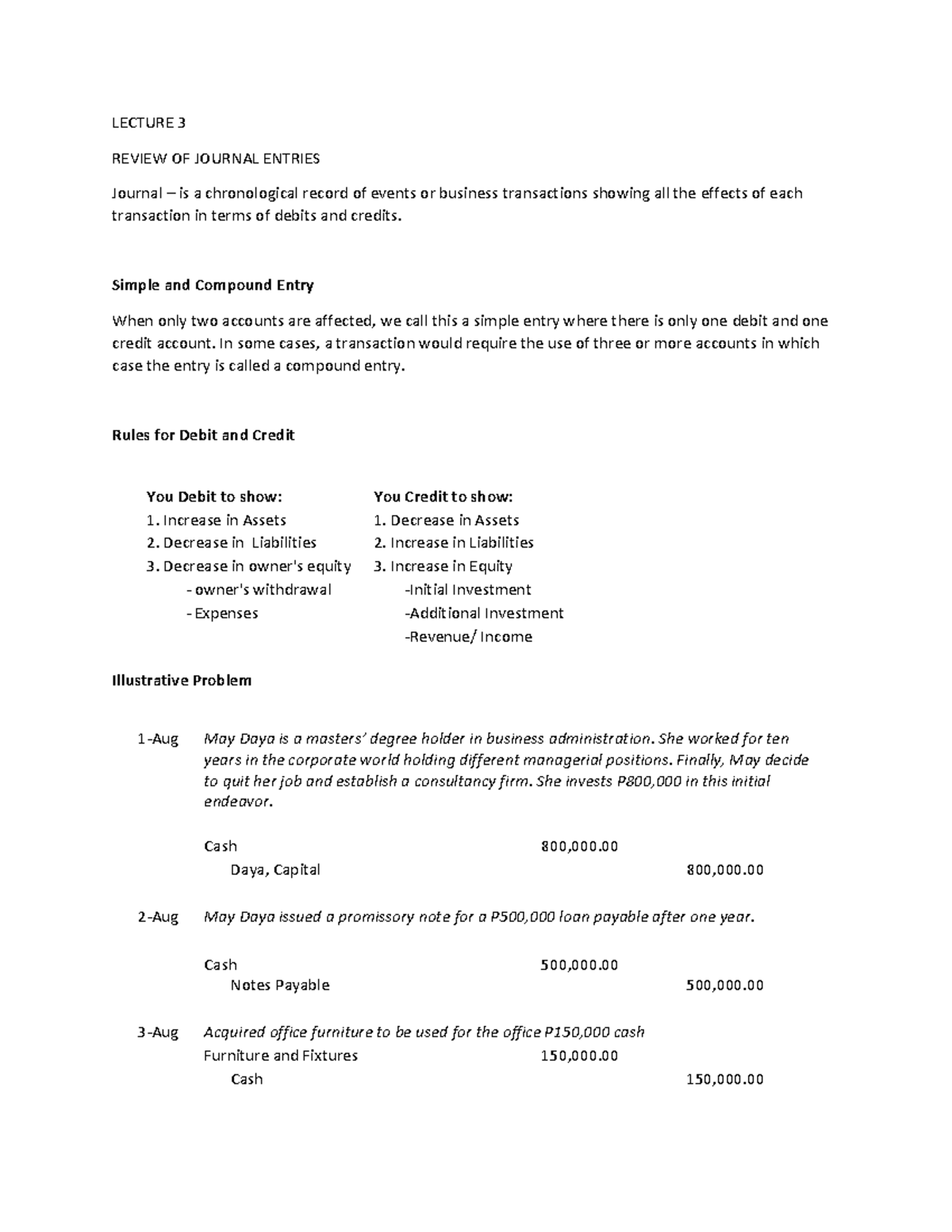 Review of Journal Entries LECTURE 3 REVIEW OF JOURNAL ENTRIES Journal is a chronological
