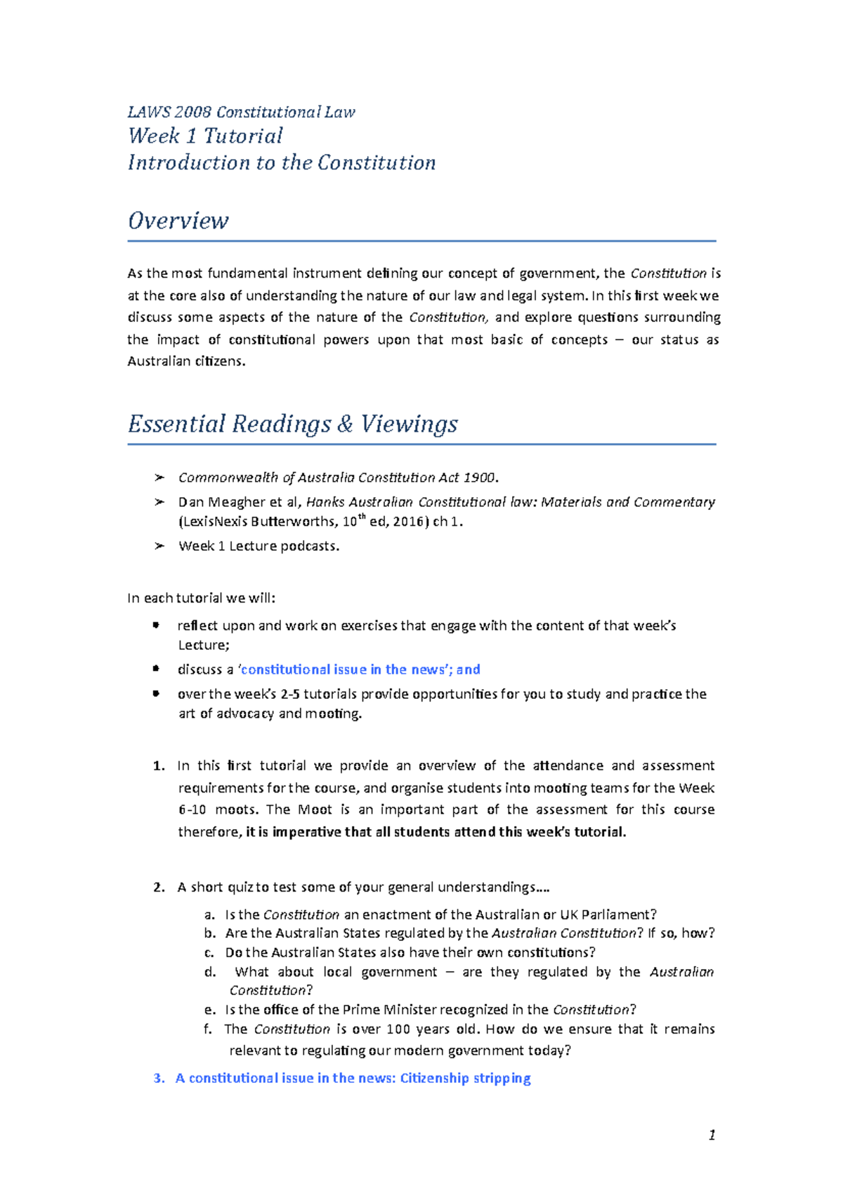 LAWS 2008 SP5 2020 Tutorial Week 1 - LAWS 2008 Constitutional Law Week ...