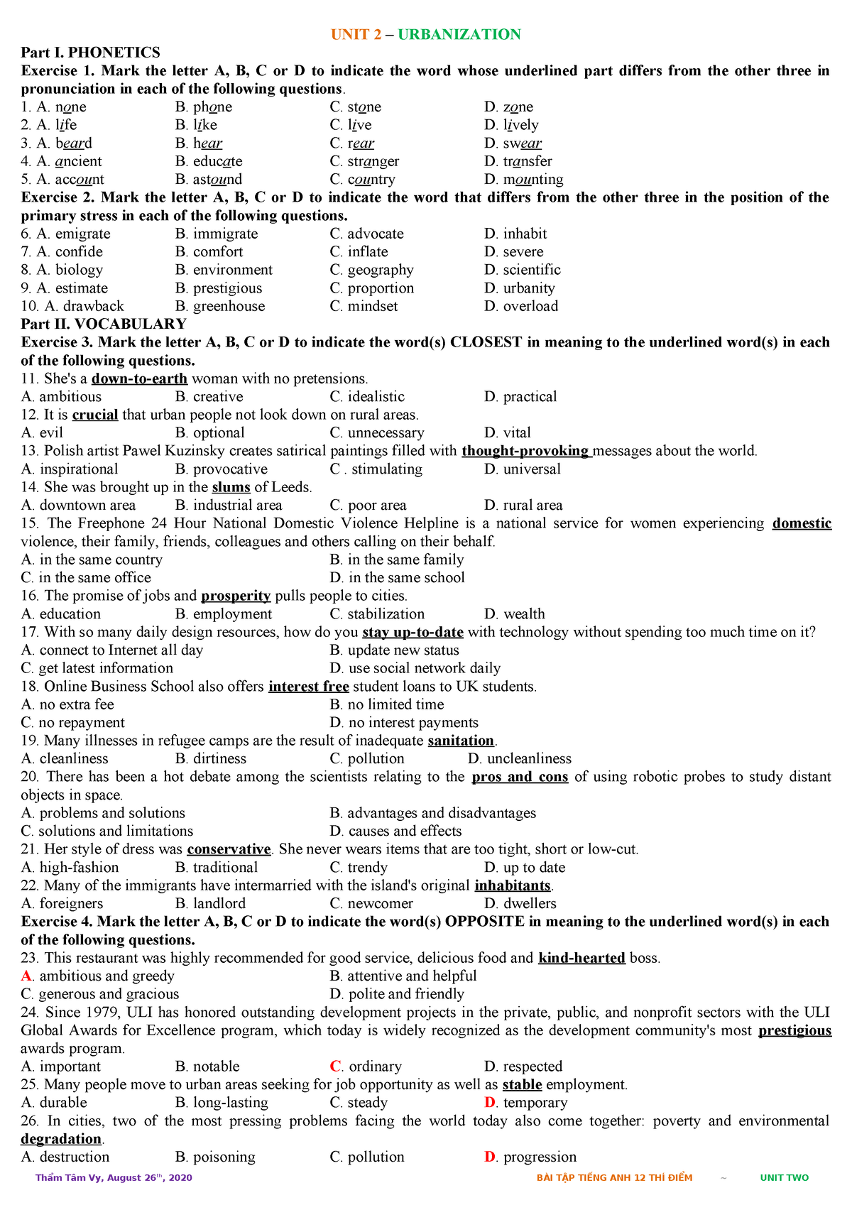 UNIT 2 L12 - Thuvienhoclieu - UNIT 2 – URBANIZATION Part I. PHONETICS ...