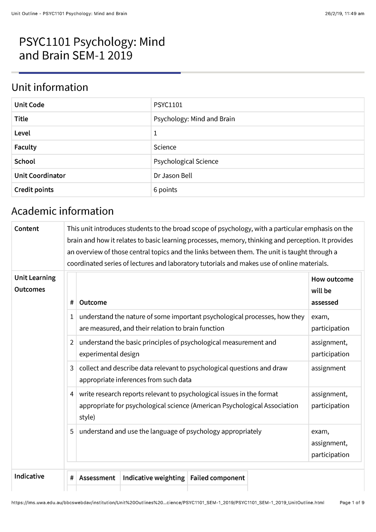 Unit Outline - PSYC1101 Psychology: Mind And Brain - Unit Information ...