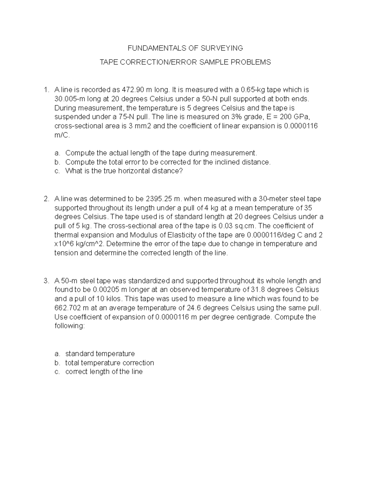 Fundamentals OF Surveying Sample Problems TAPE Correction