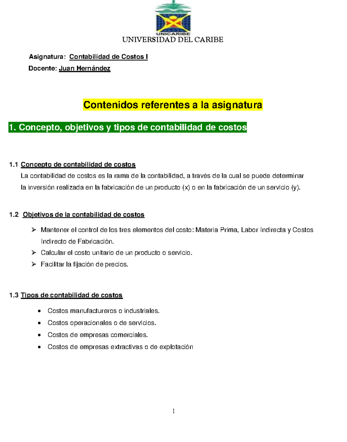 Contenidos Contabilidad De Costos I Pdf Universidad Del Caribe Asignatura Contabilidad De