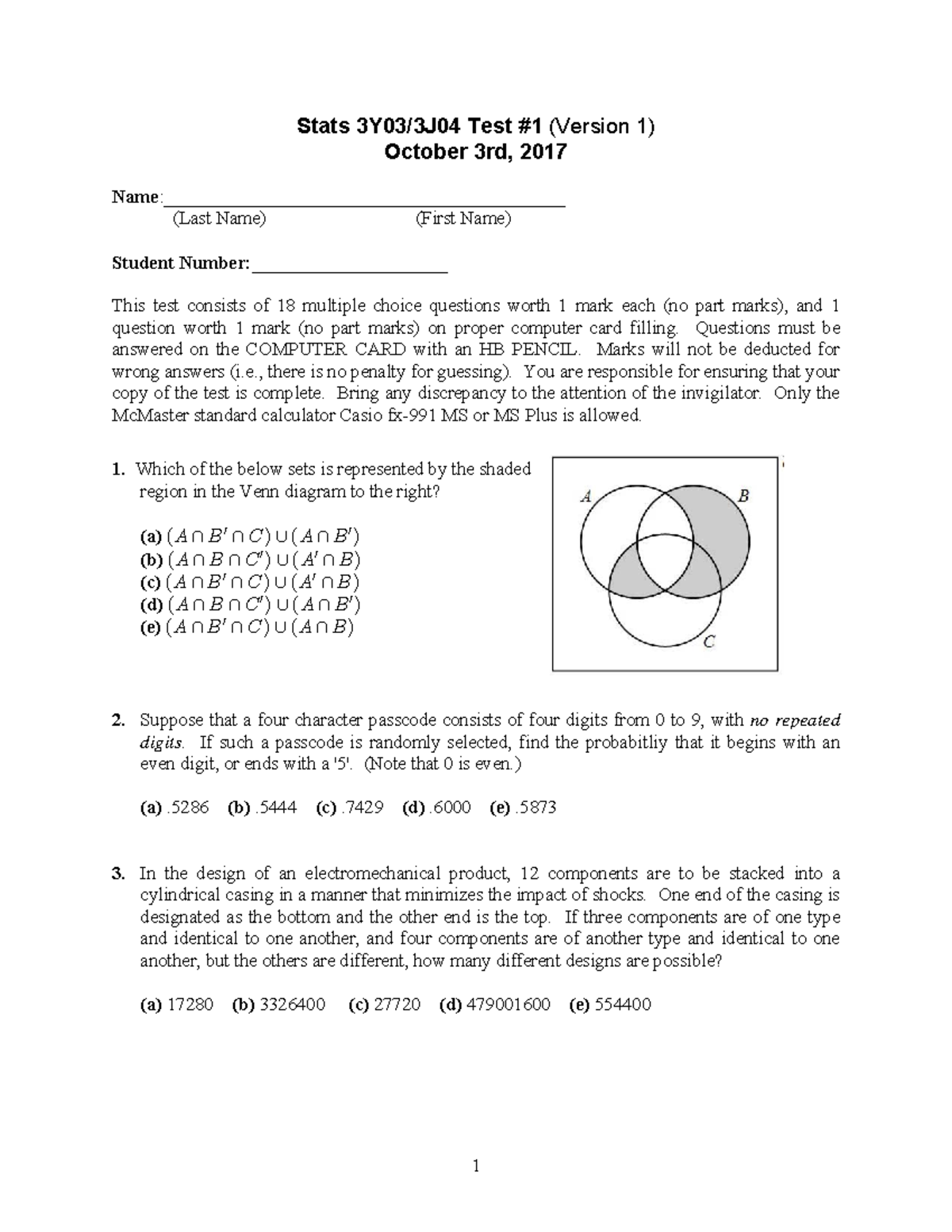 Midterm 1 3 August 2017, Questions And Answers - Stats 3Y03/3J04 Test ...